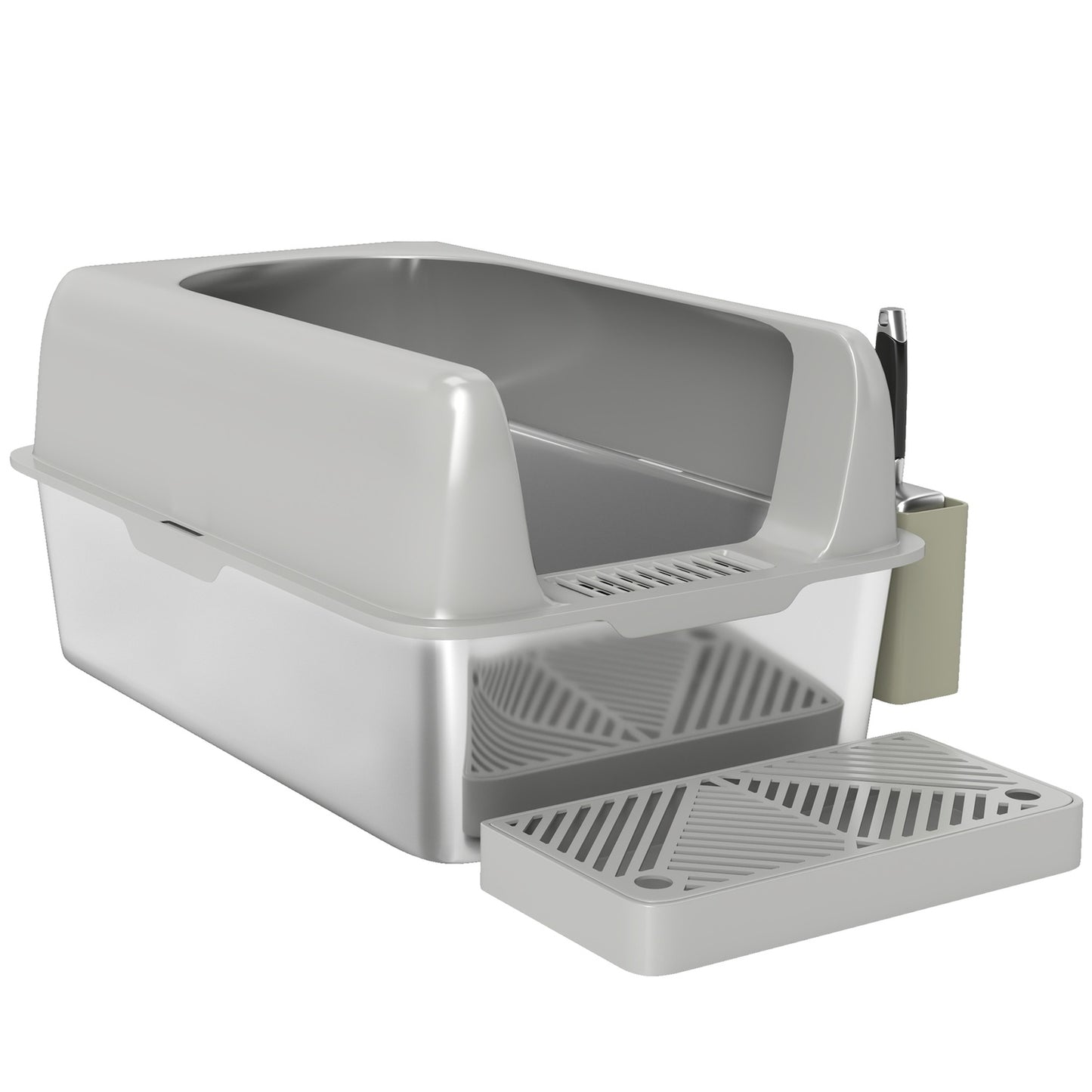 Cat box with lid & scoop, stainless steel, light grey