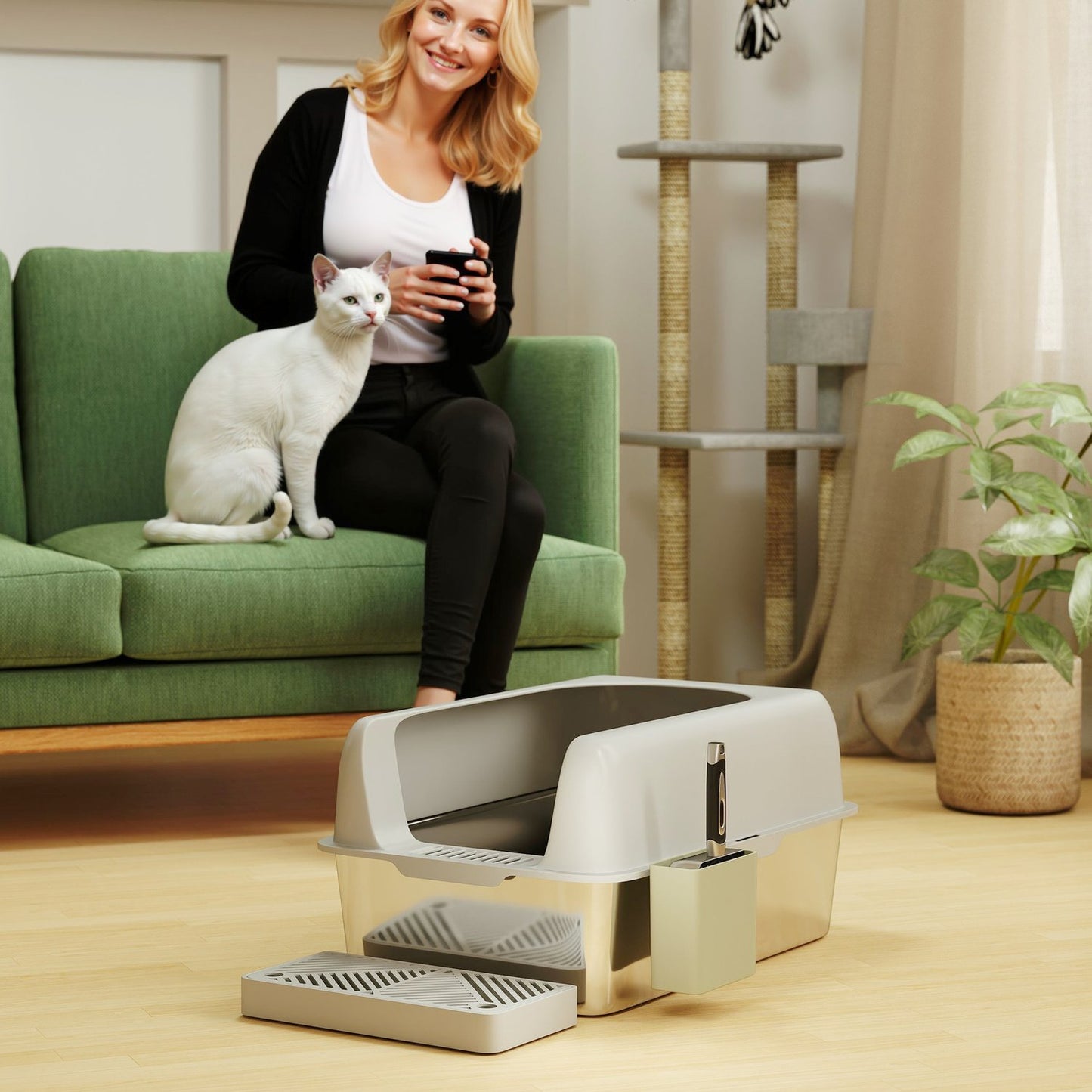 Cat box with lid & scoop, stainless steel, light grey