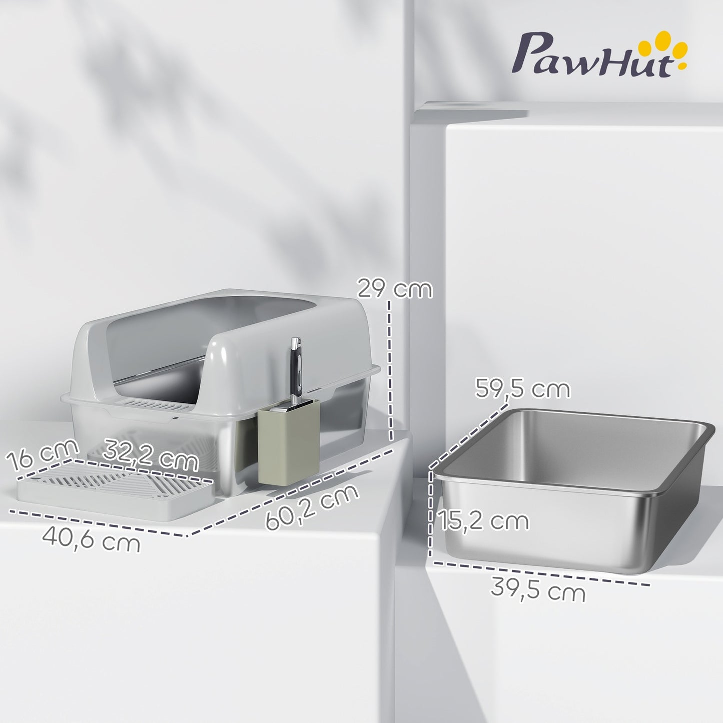 Cat box with lid & scoop, stainless steel, light grey