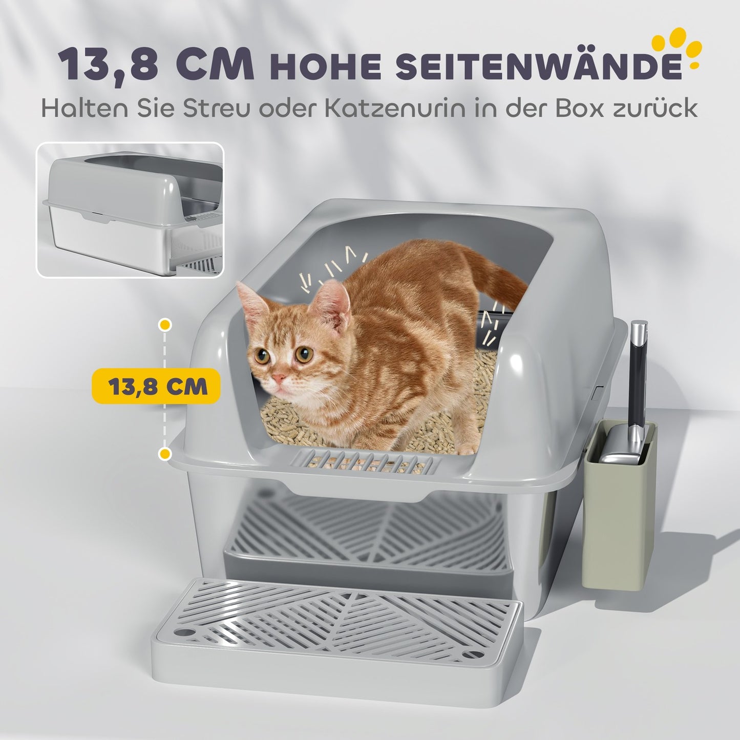Cat box with lid & scoop, stainless steel, light grey