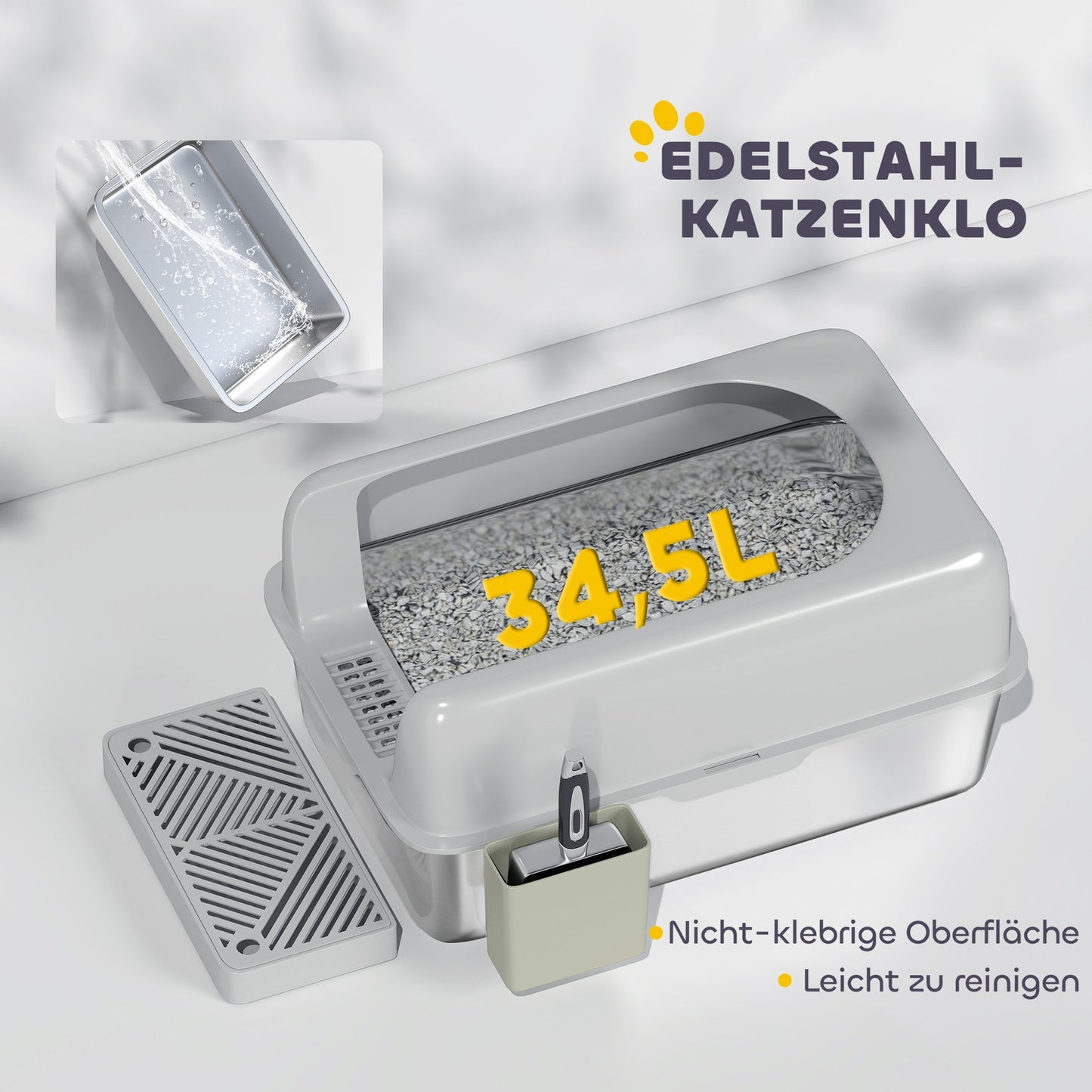 Cat box with lid & scoop, stainless steel, light grey