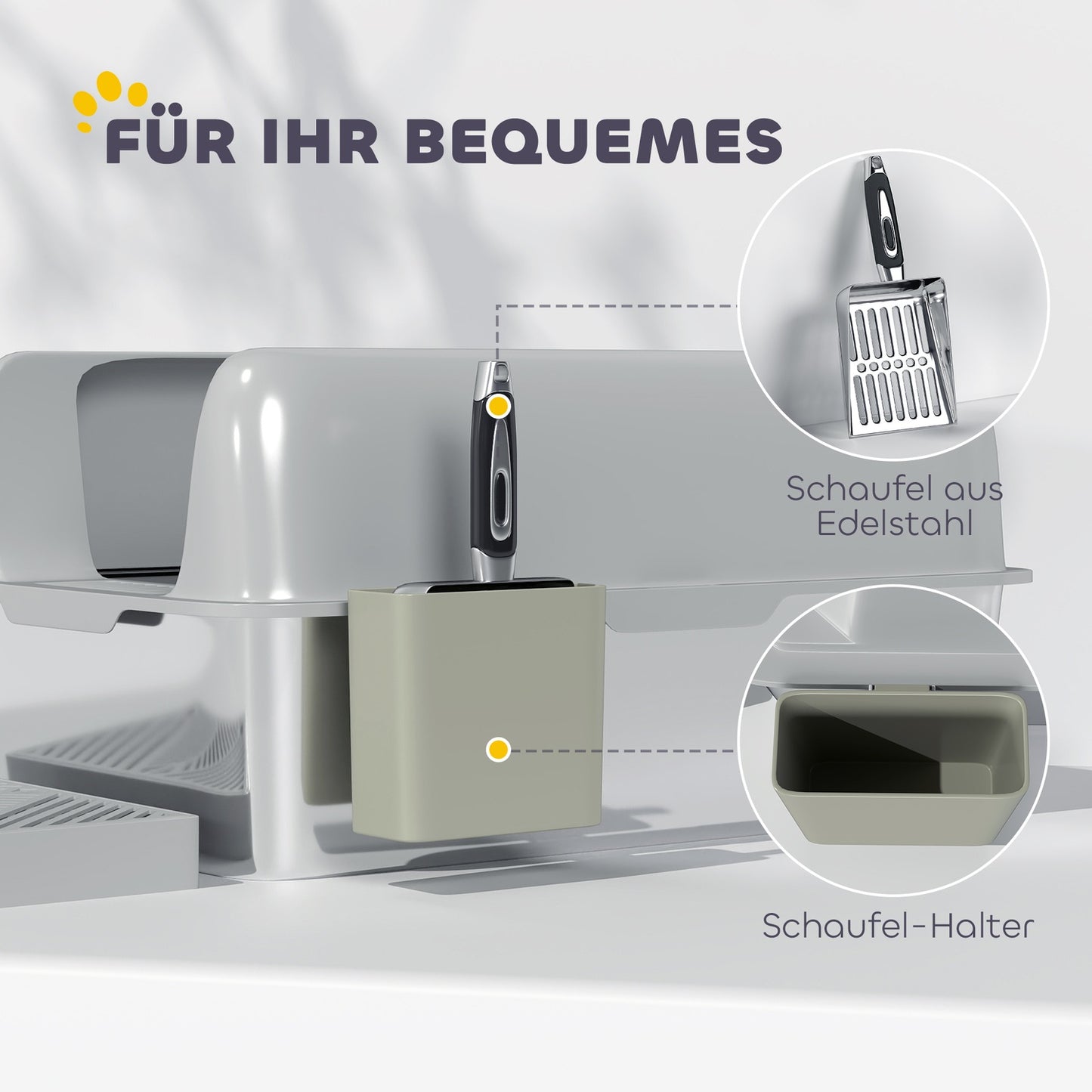 Cat box with lid & scoop, stainless steel, light grey