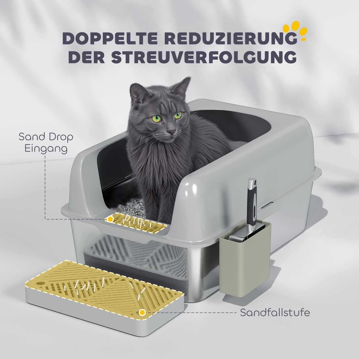 Cat box with lid & scoop, stainless steel, light grey