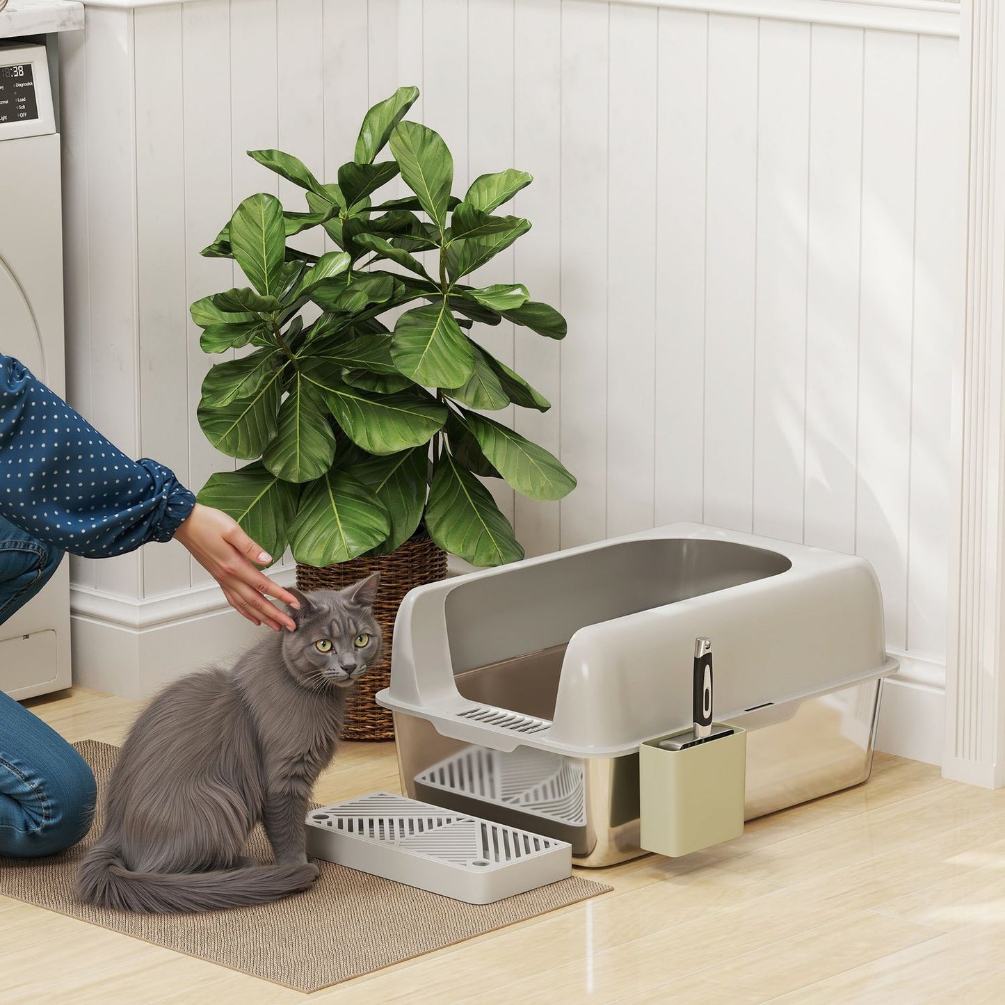 Cat box with lid & scoop, stainless steel, light grey