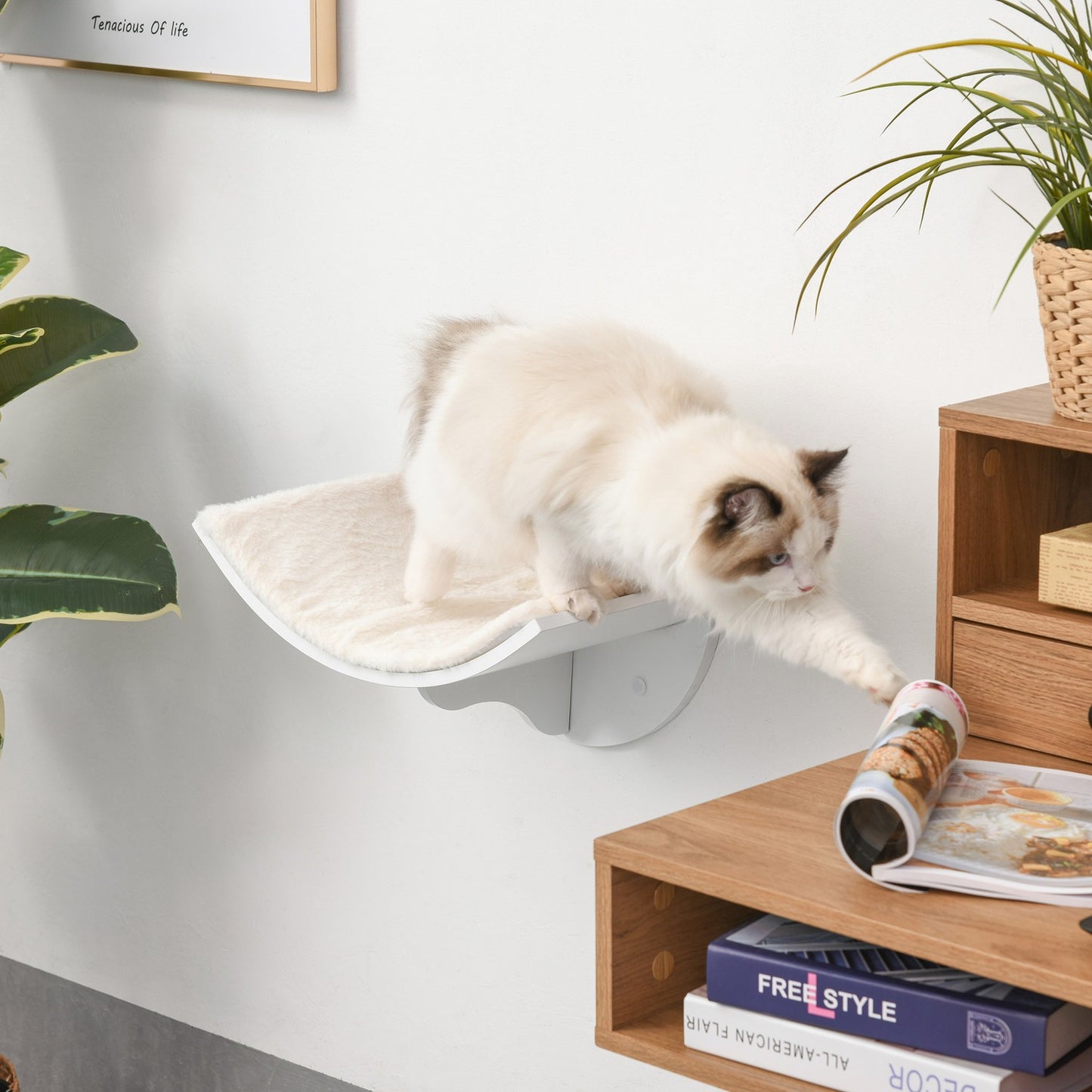 Wall-mounted cat bed with plush pillow, white