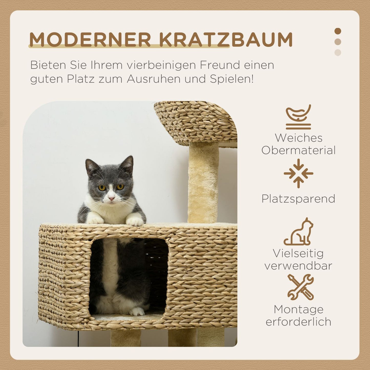 Cat tree 98cm with Sisal, 2 beds, Toy Ball, Beige