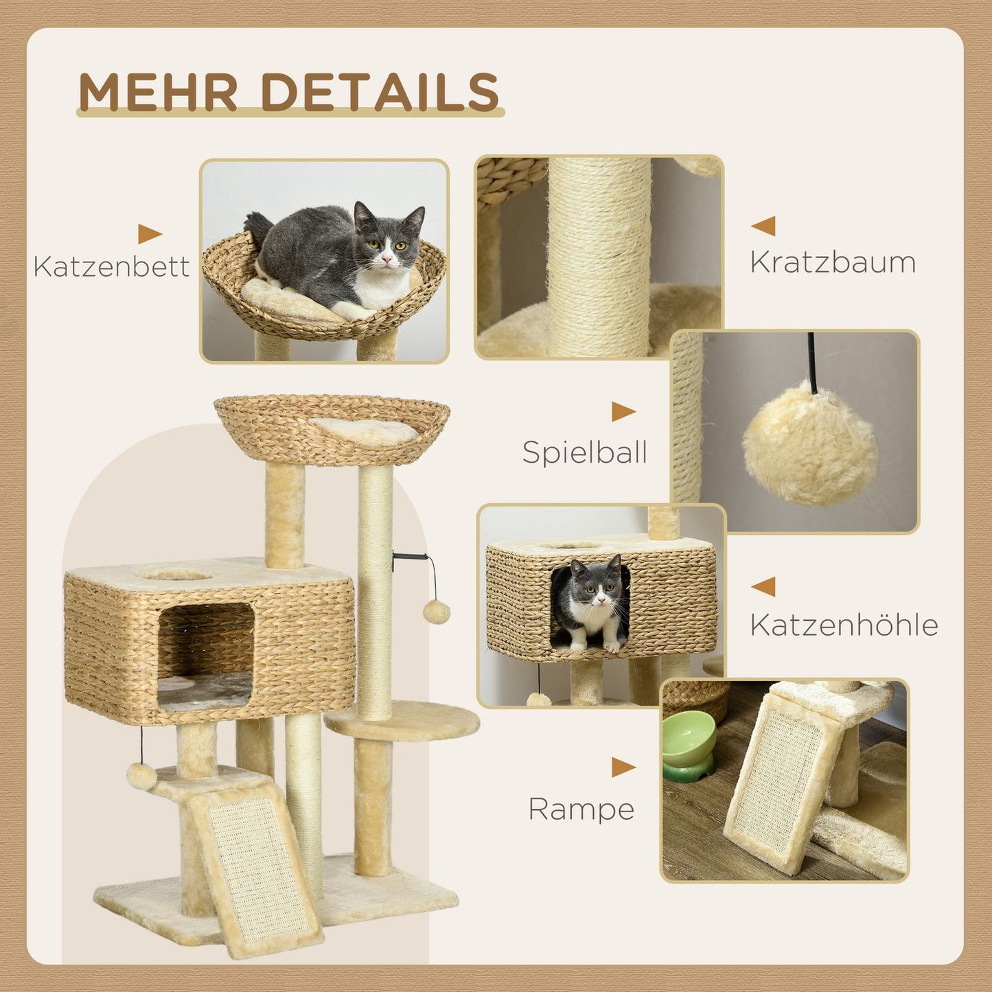 Cat tree 98cm with Sisal, 2 beds, Toy Ball, Beige