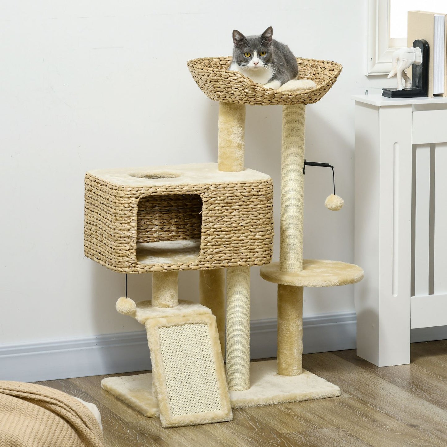 Cat tree 98cm with Sisal, 2 beds, Toy Ball, Beige