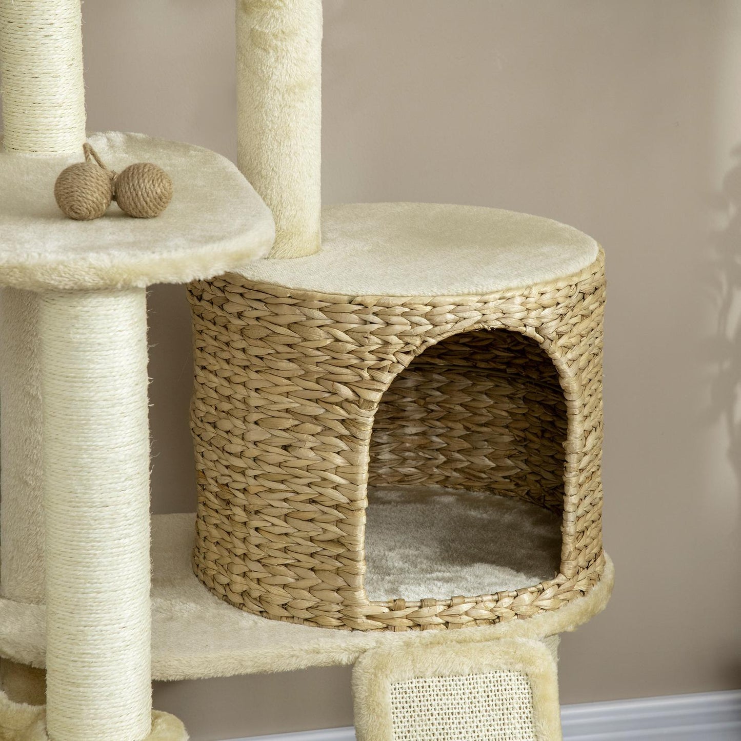 Cat scratching post with rattan house and hammock, beige