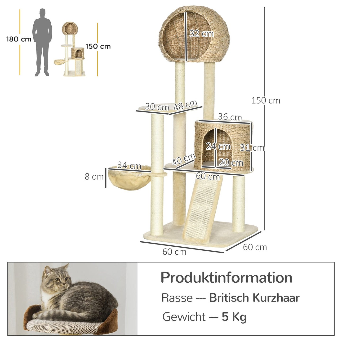 Cat scratching post with rattan house and hammock, beige
