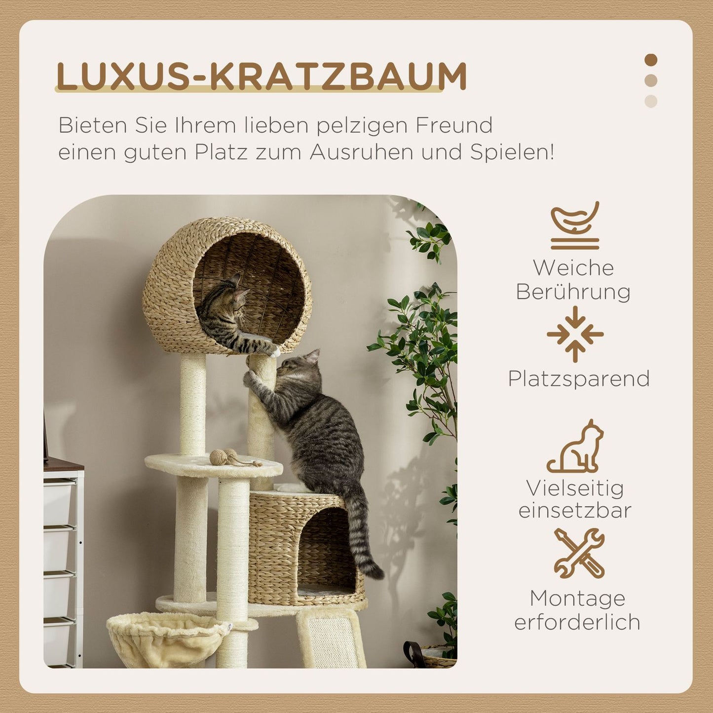 Cat scratching post with rattan house and hammock, beige