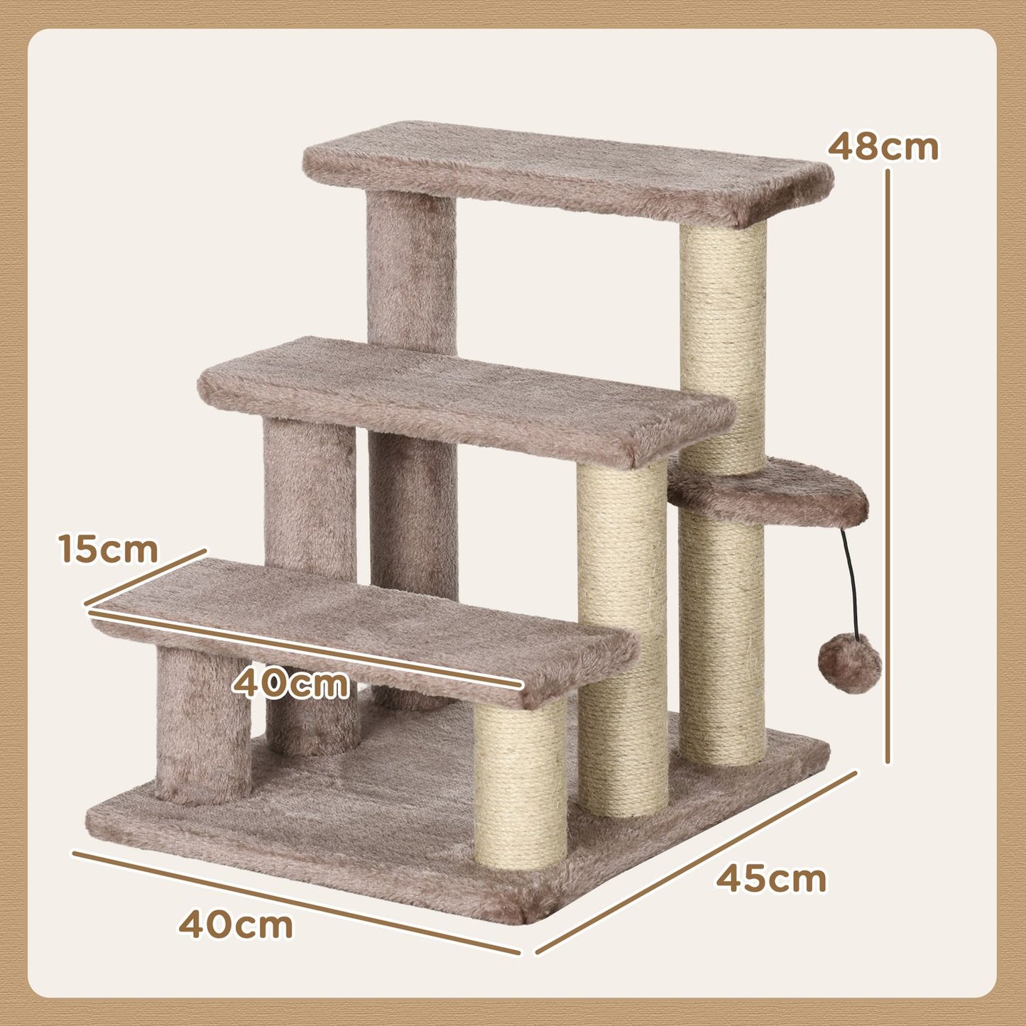 Cat and dog stairs, 3 steps with scratching posts, plush brown