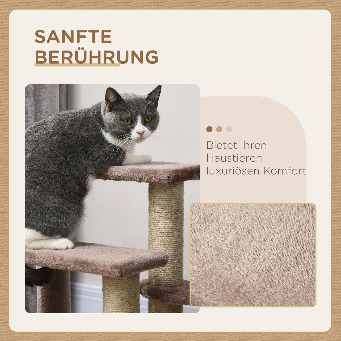 Cat and dog stairs, 3 steps with scratching posts, plush brown