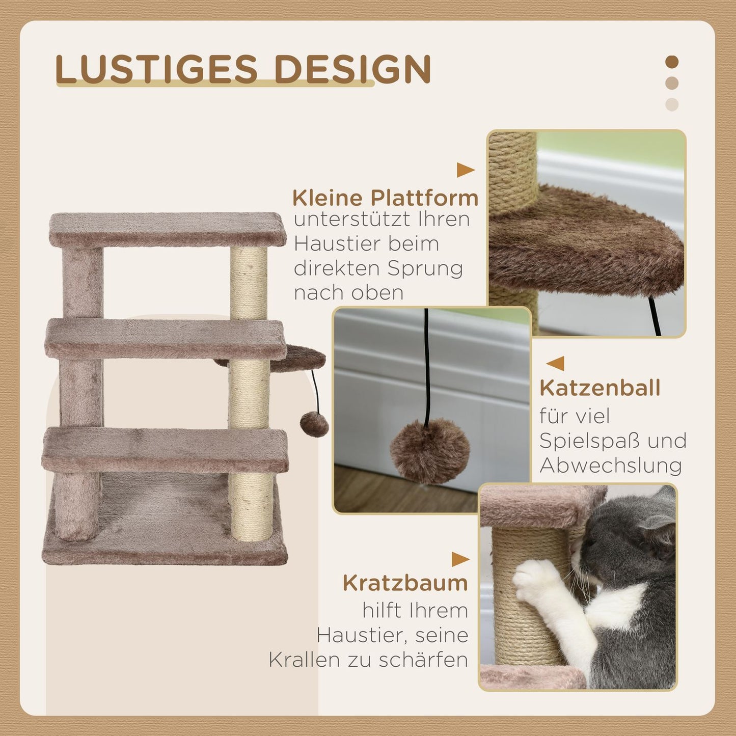 Cat and dog stairs, 3 steps with scratching posts, plush brown