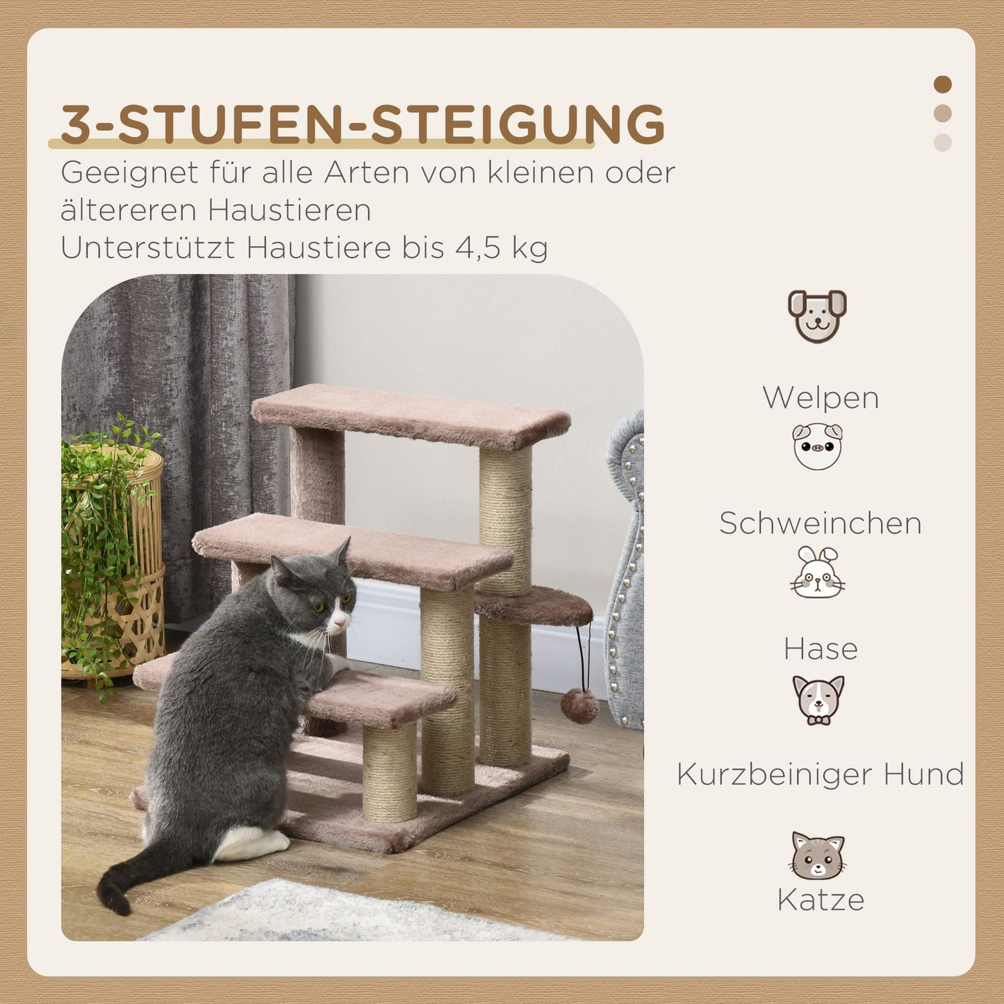 Cat and dog stairs, 3 steps with scratching posts, plush brown