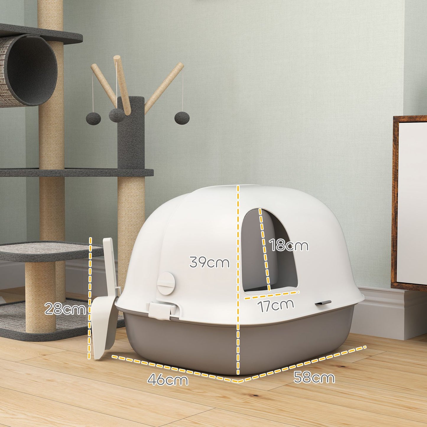 Covered litter box with strainer and door for small cats