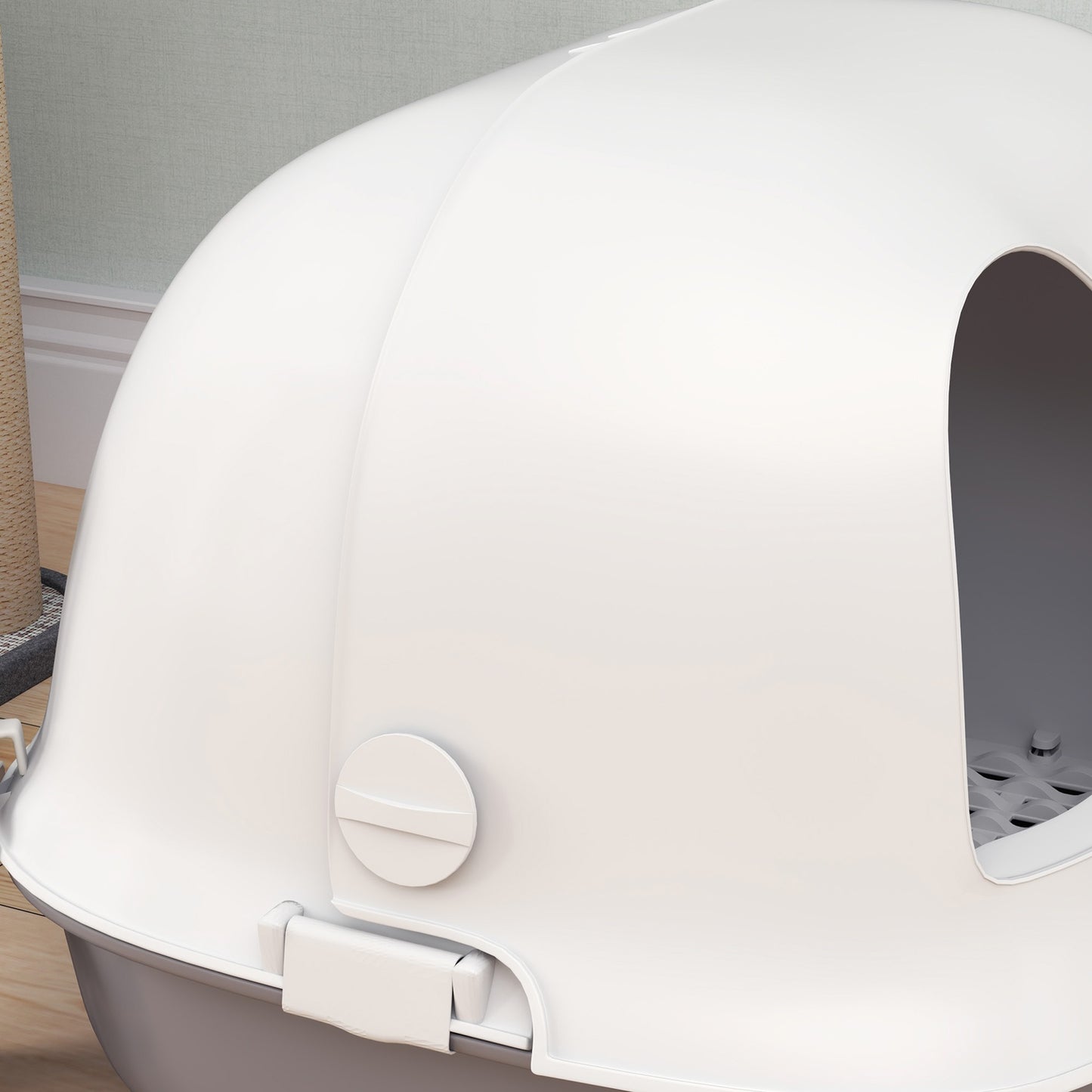 Covered litter box with strainer and door for small cats