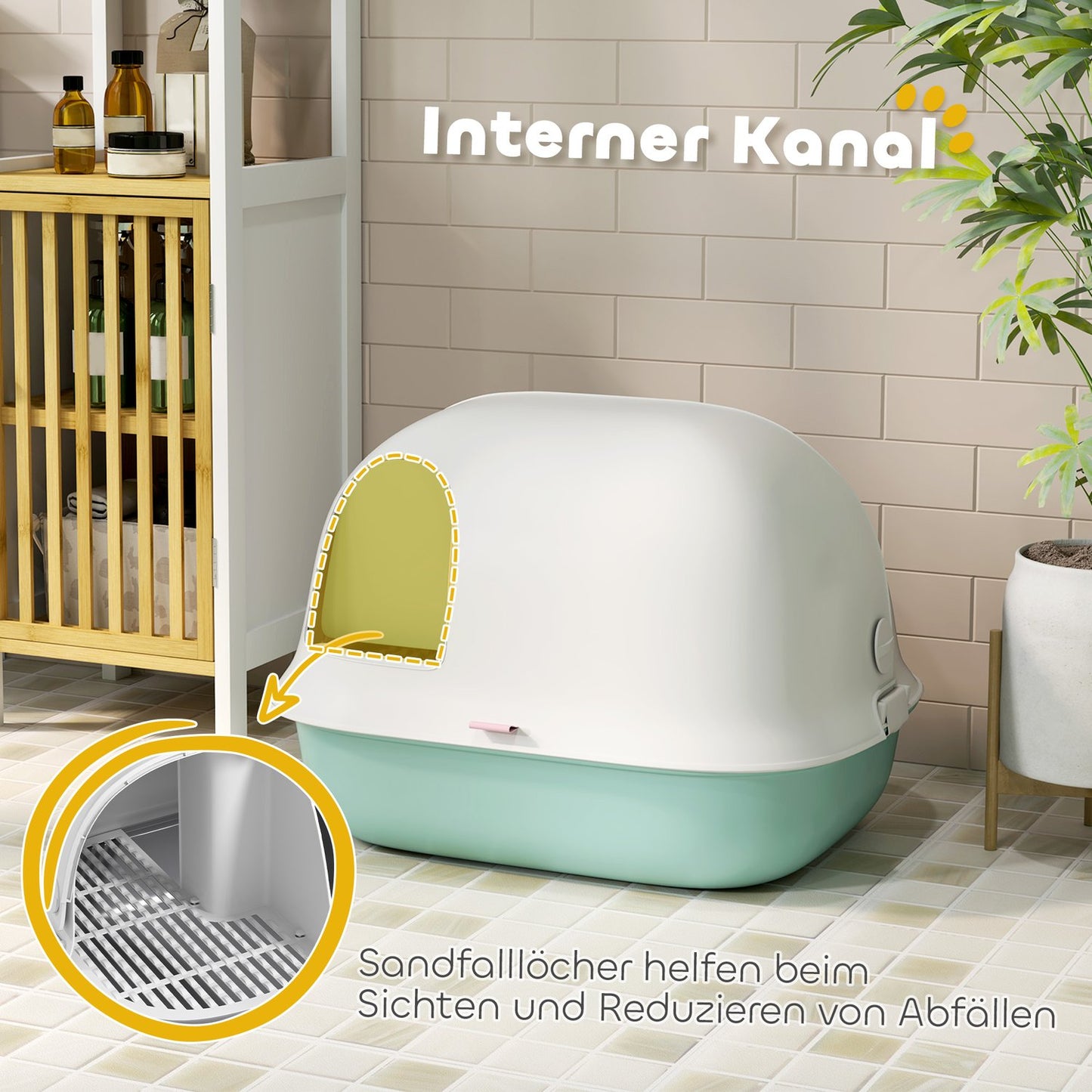 Attached green cat litter box with sieve and lid