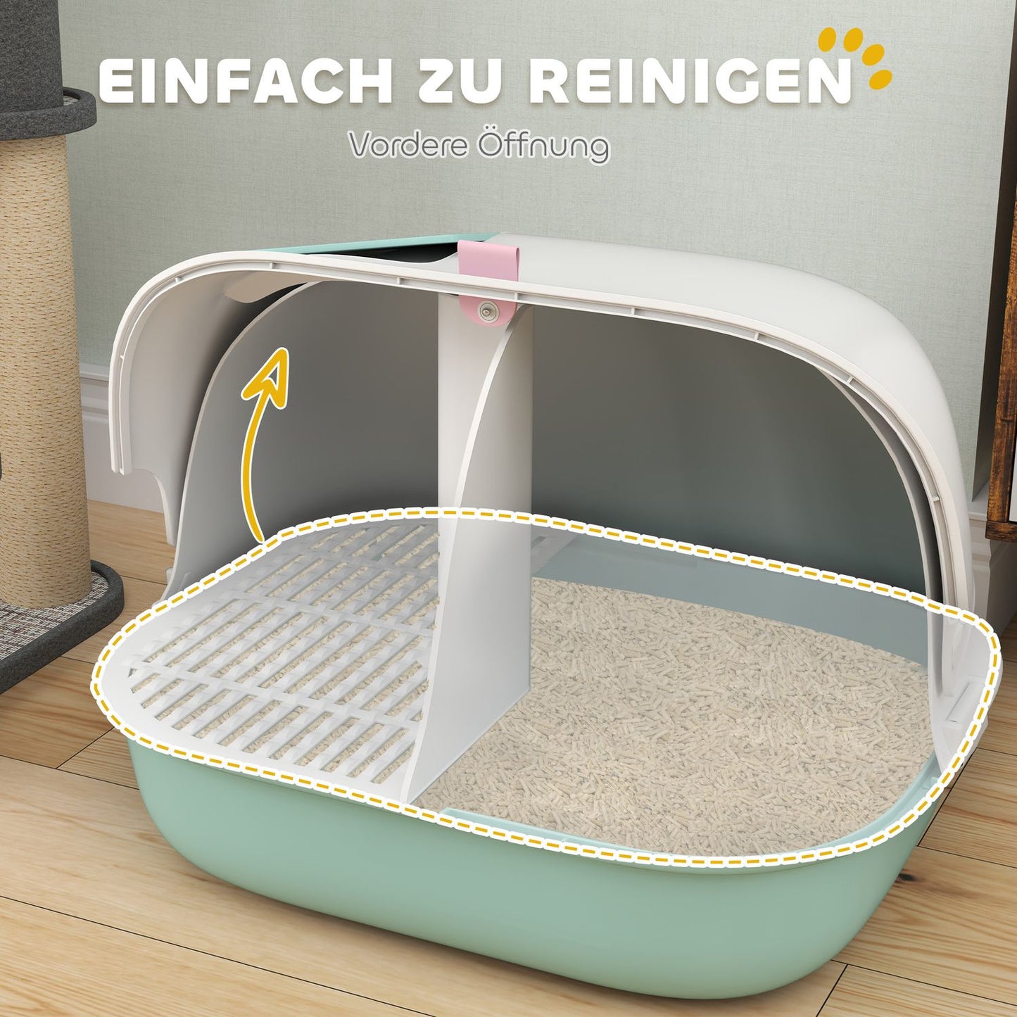 Attached green cat litter box with sieve and lid
