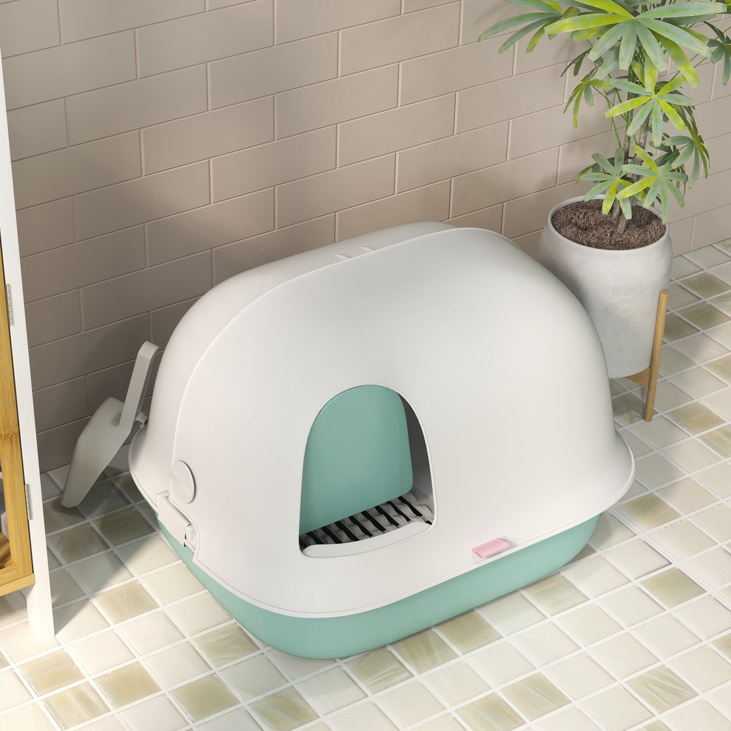 Attached green cat litter box with sieve and lid