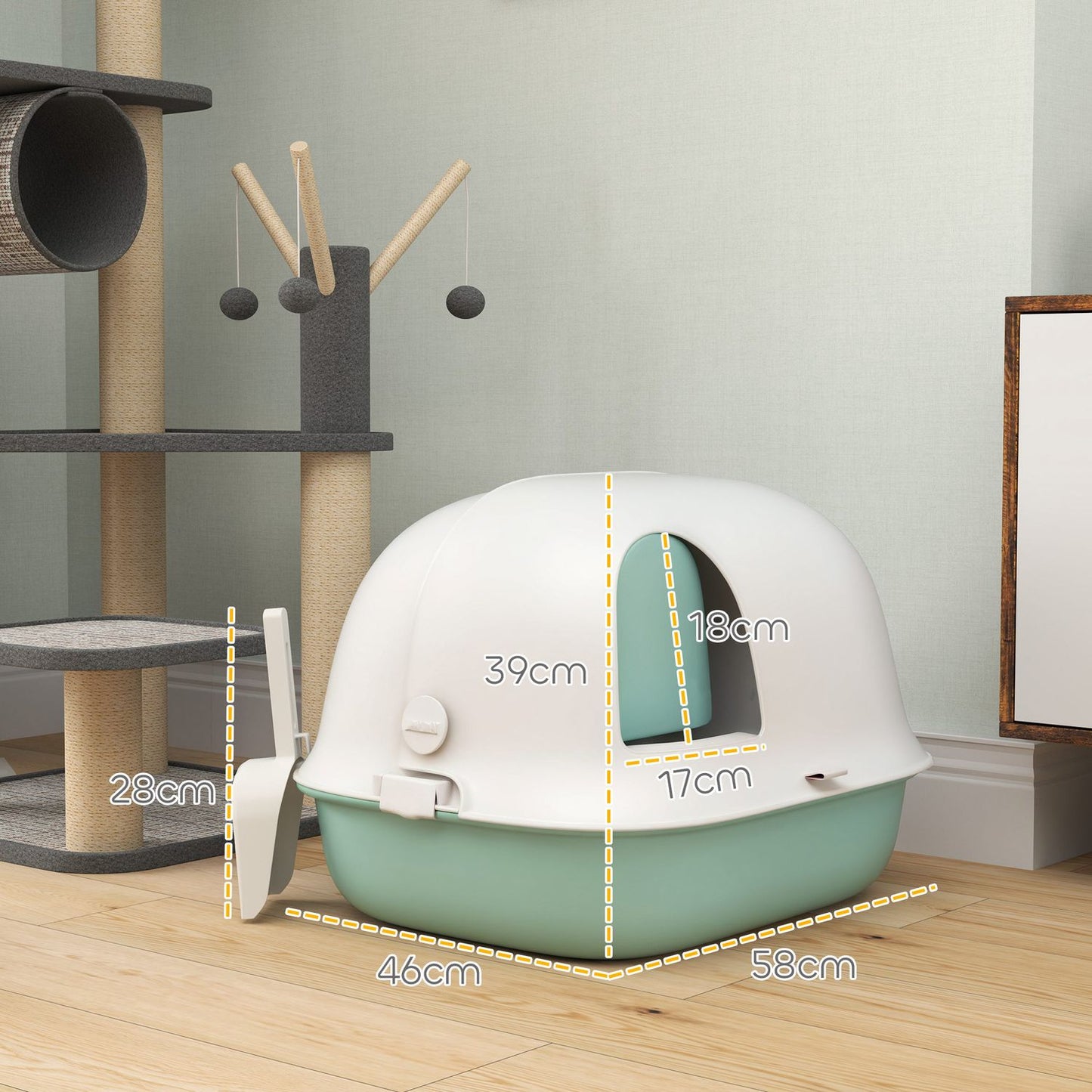 Attached green cat litter box with sieve and lid