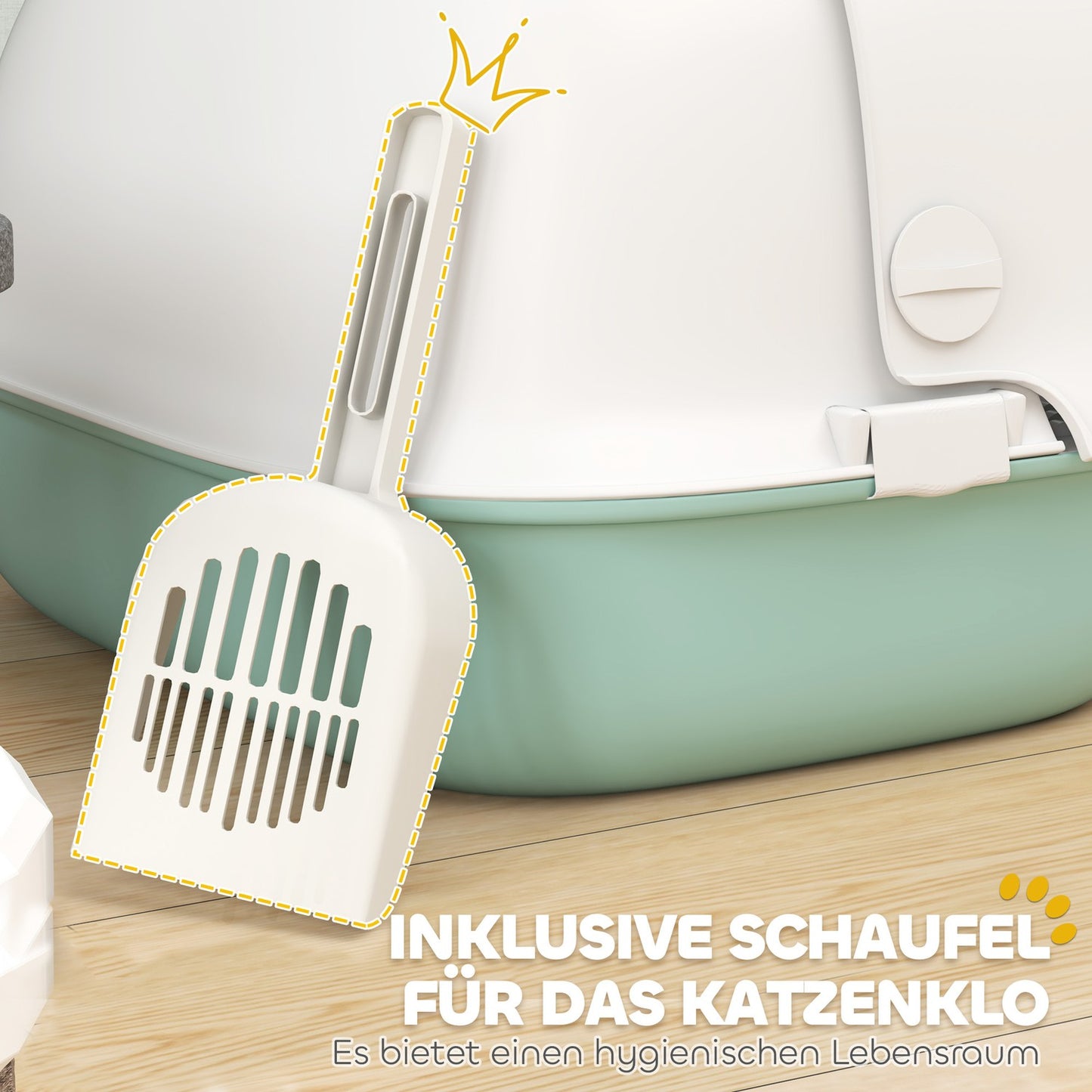 Attached green cat litter box with sieve and lid