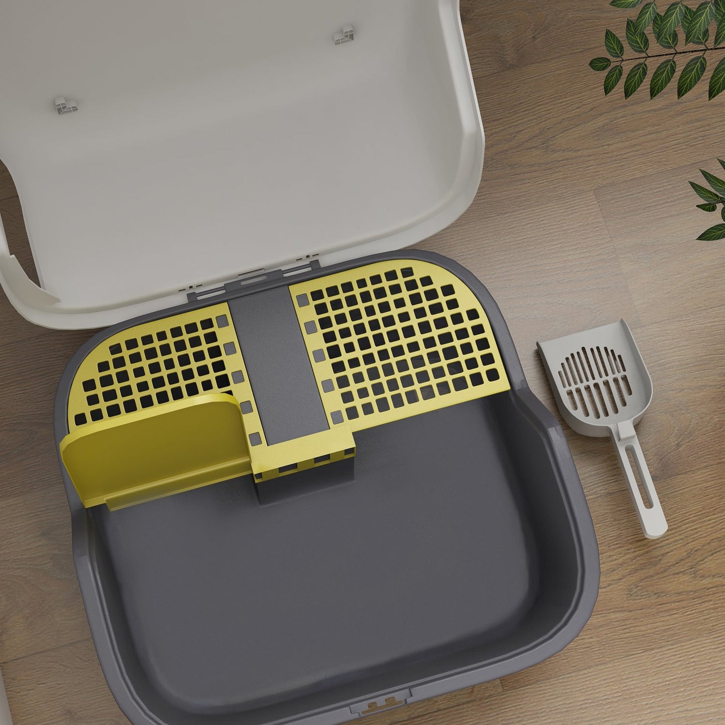 Cat box with lid & strainer, indoor, plastic, cream