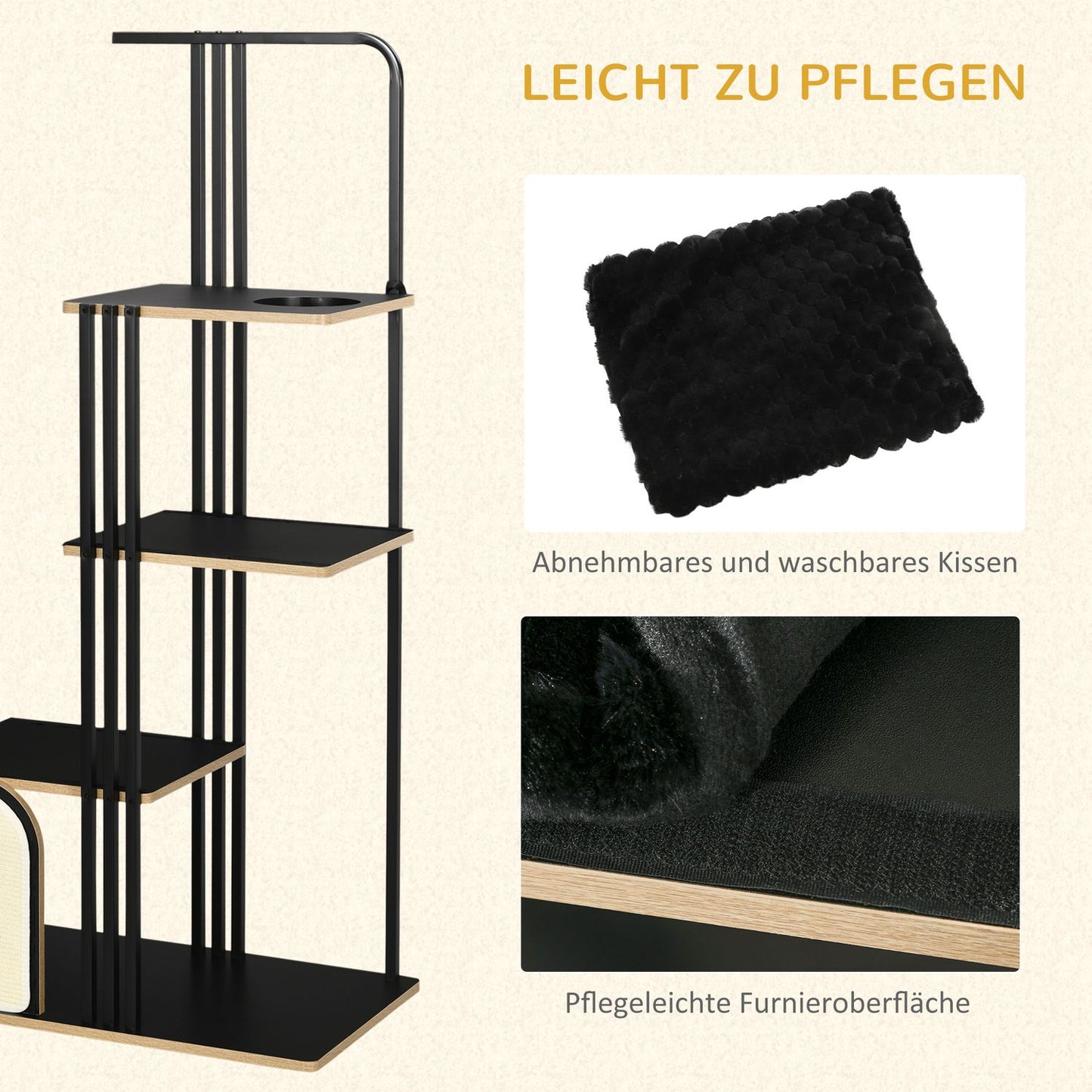Cat tree 170cm, large black steel with cushions & platforms