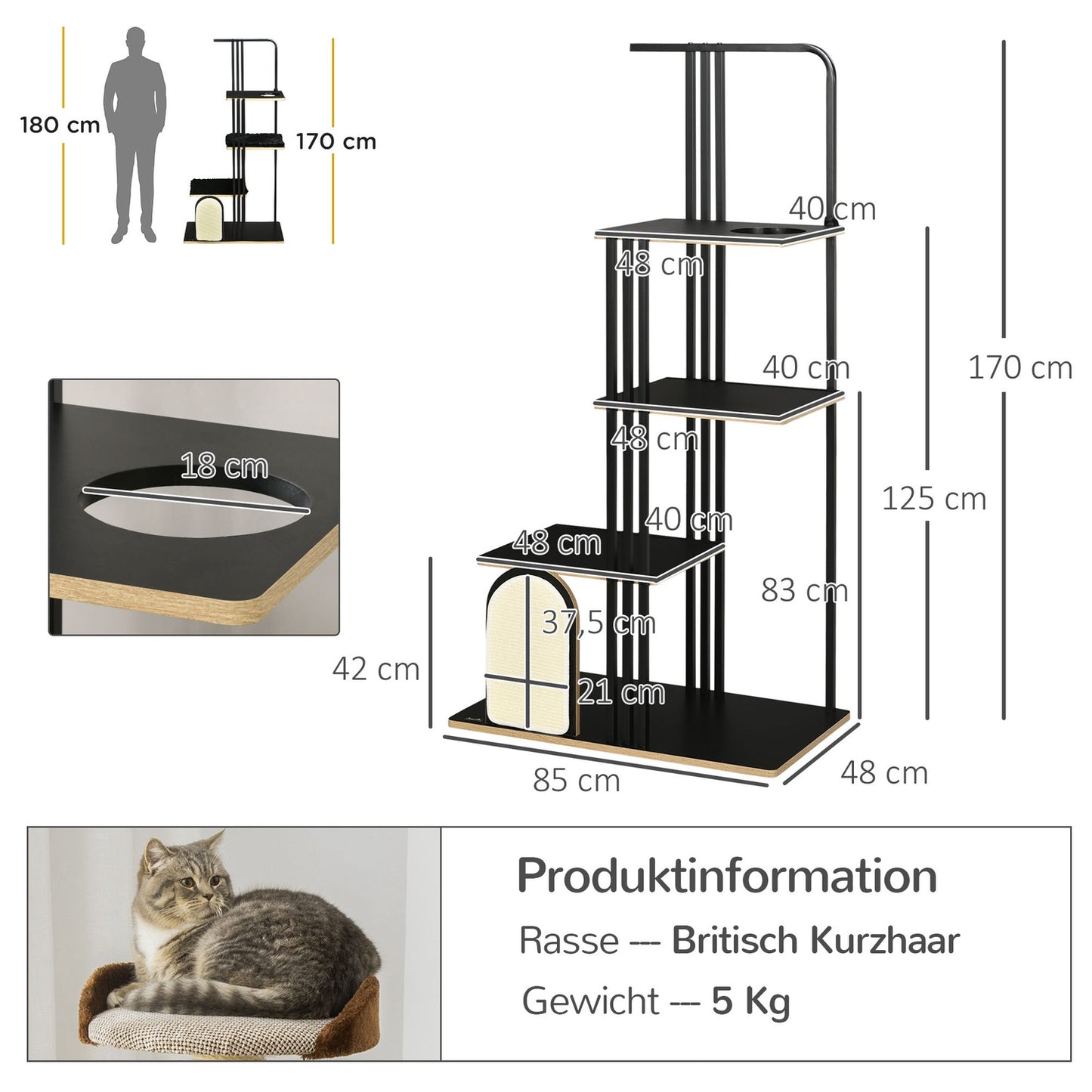 Cat tree 170cm, large black steel with cushions & platforms