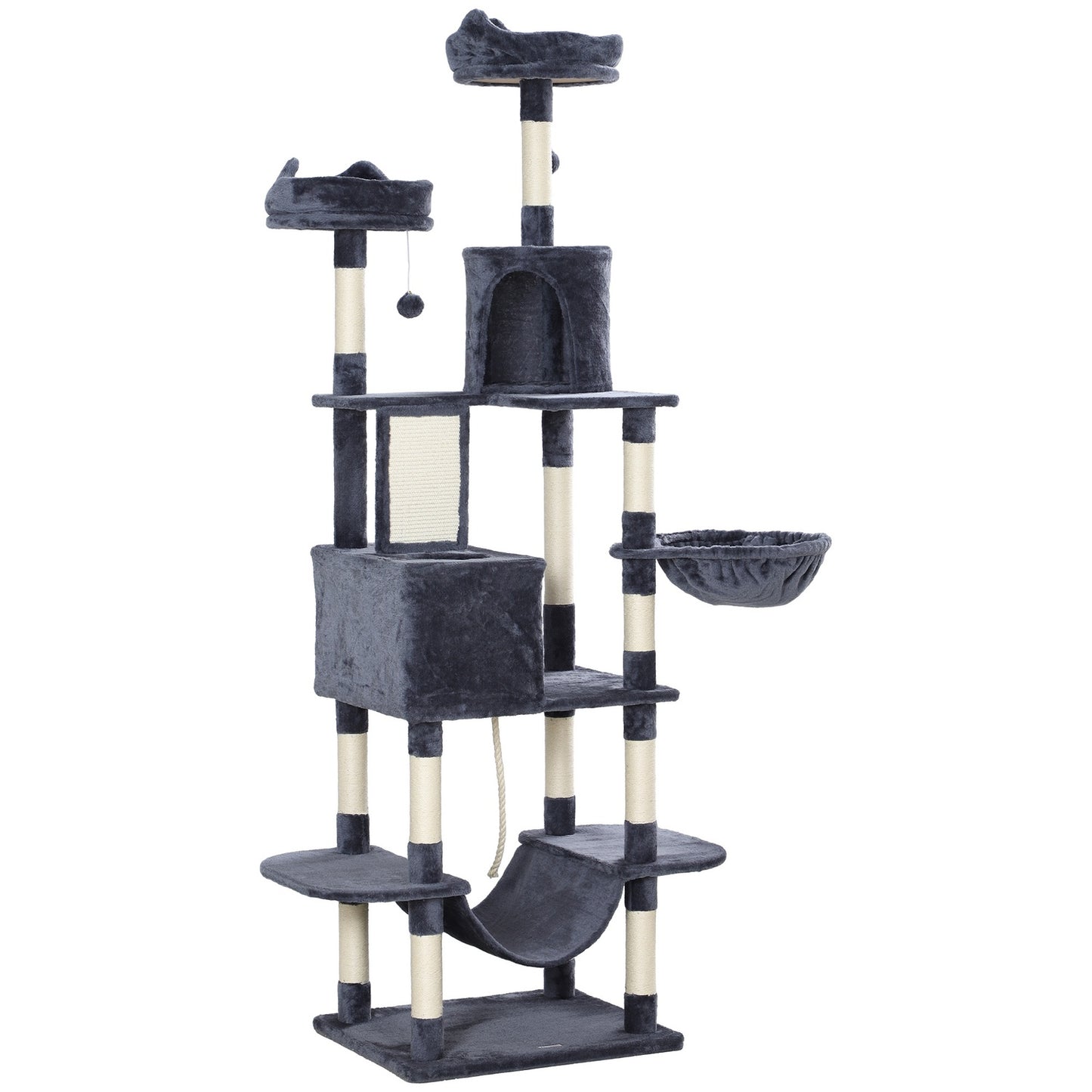 Cat tree 206 cm cat tower with cave, 2 play balls, sisal posts, platform for large cats, dark grey