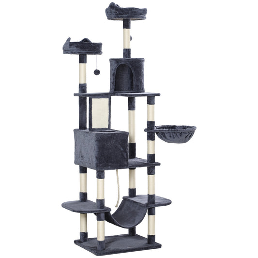 Cat tree 206 cm cat tower with cave, 2 play balls, sisal posts, platform for large cats, dark grey