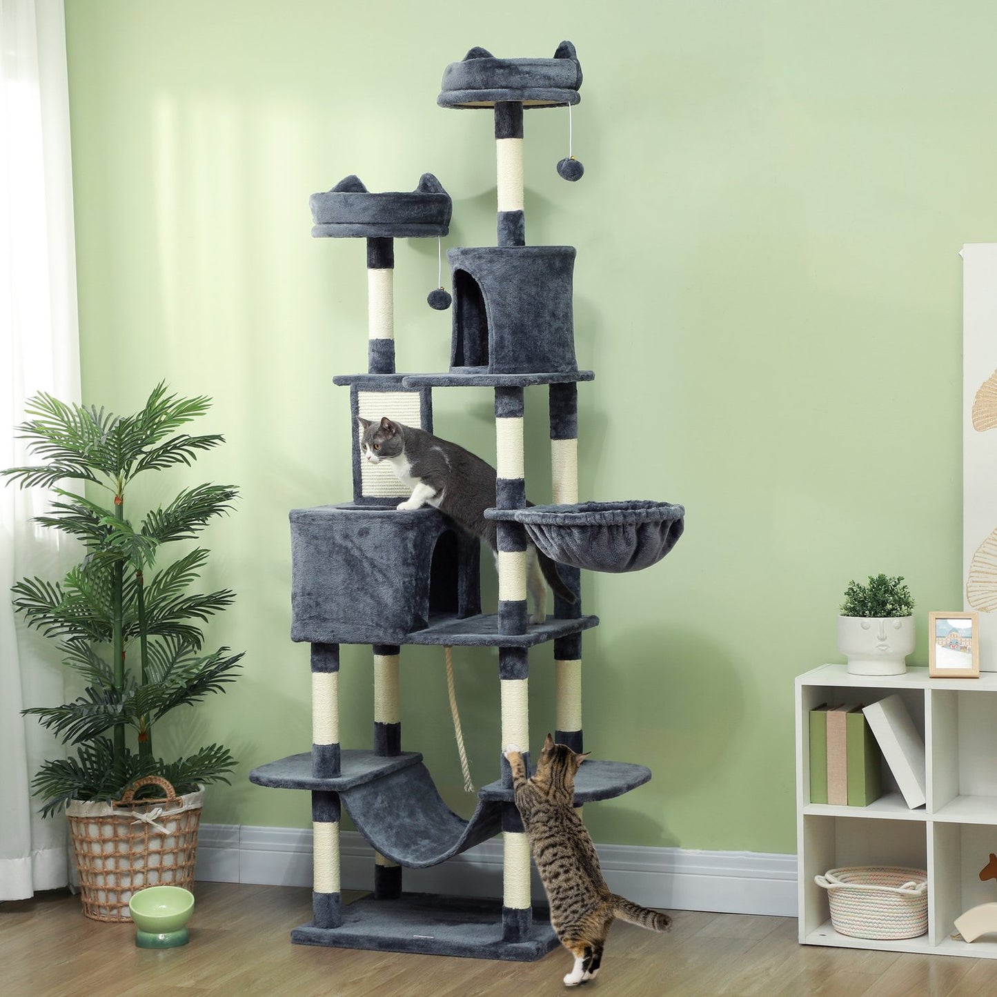 Cat tree 206 cm cat tower with cave, 2 play balls, sisal posts, platform for large cats, dark grey