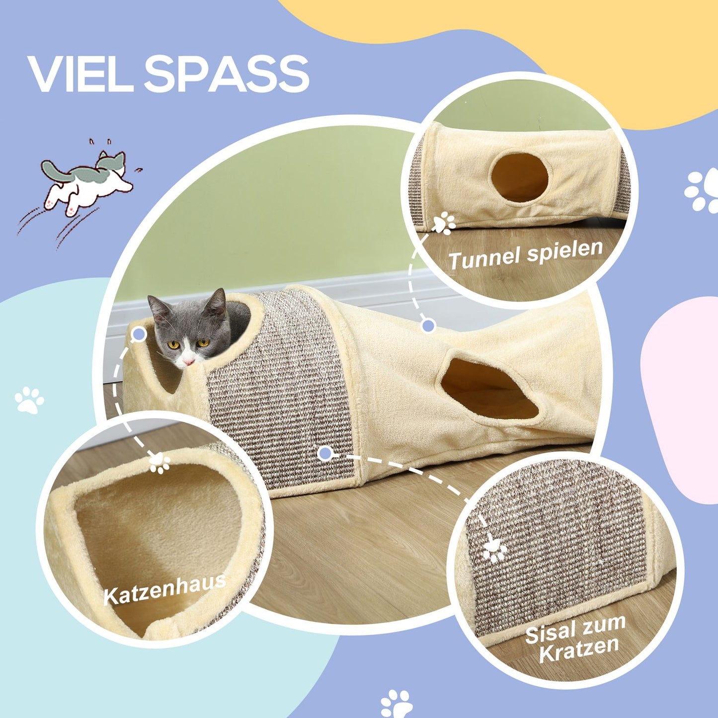 Foldable cat tunnel - 2 houses, 3 openings, beige