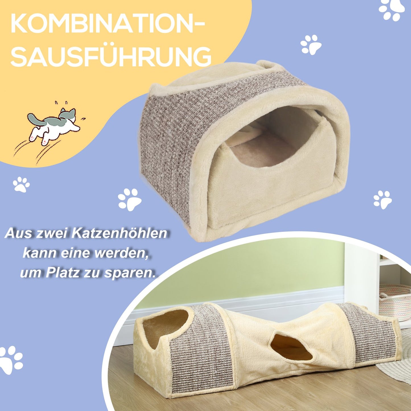 Foldable cat tunnel - 2 houses, 3 openings, beige