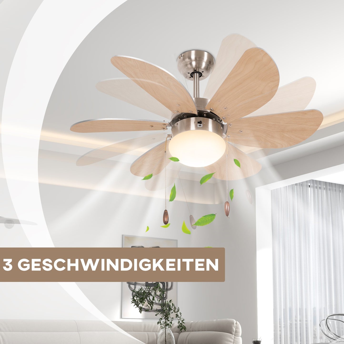 Ceiling fan with LED light, 6 reversible book leaves