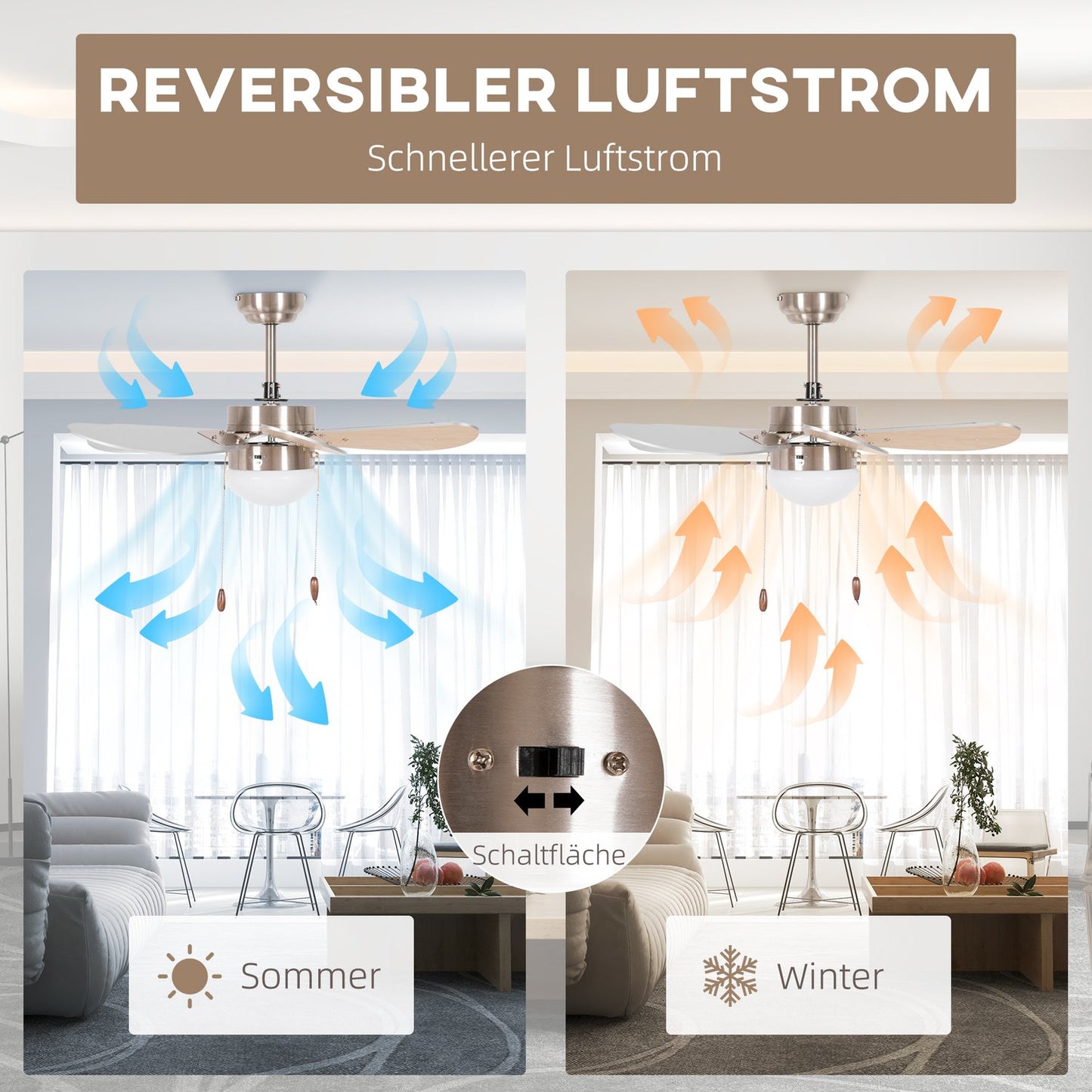 Ceiling fan with LED light, 6 reversible book leaves