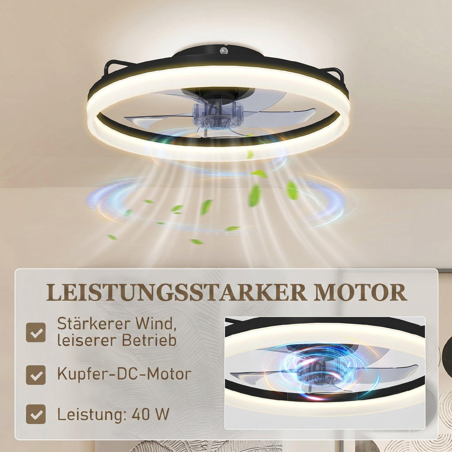 Ceiling Fan with Light, Remote, 50cm, 3 Colors, 6 Speeds