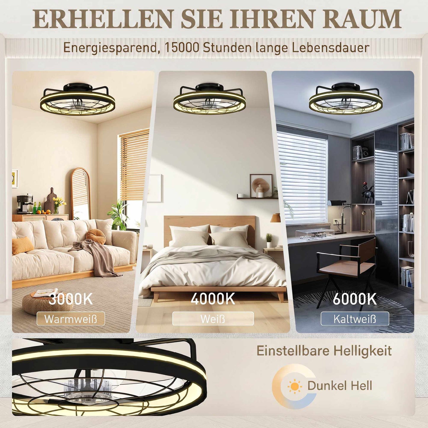 Ceiling Fan with Light and Remote, 48 cm, 3 Colors, 6 Speeds