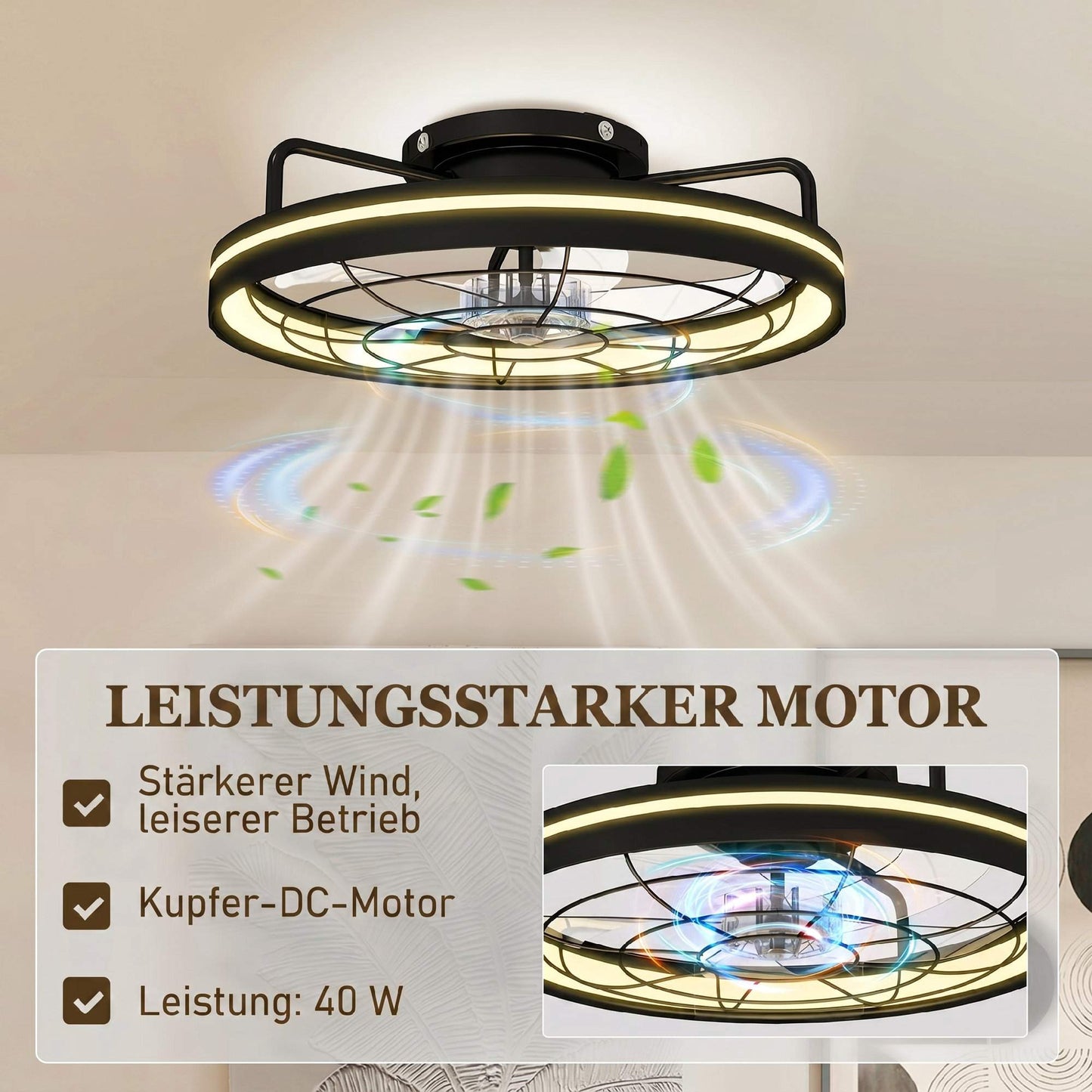 Ceiling Fan with Light and Remote, 48 cm, 3 Colors, 6 Speeds