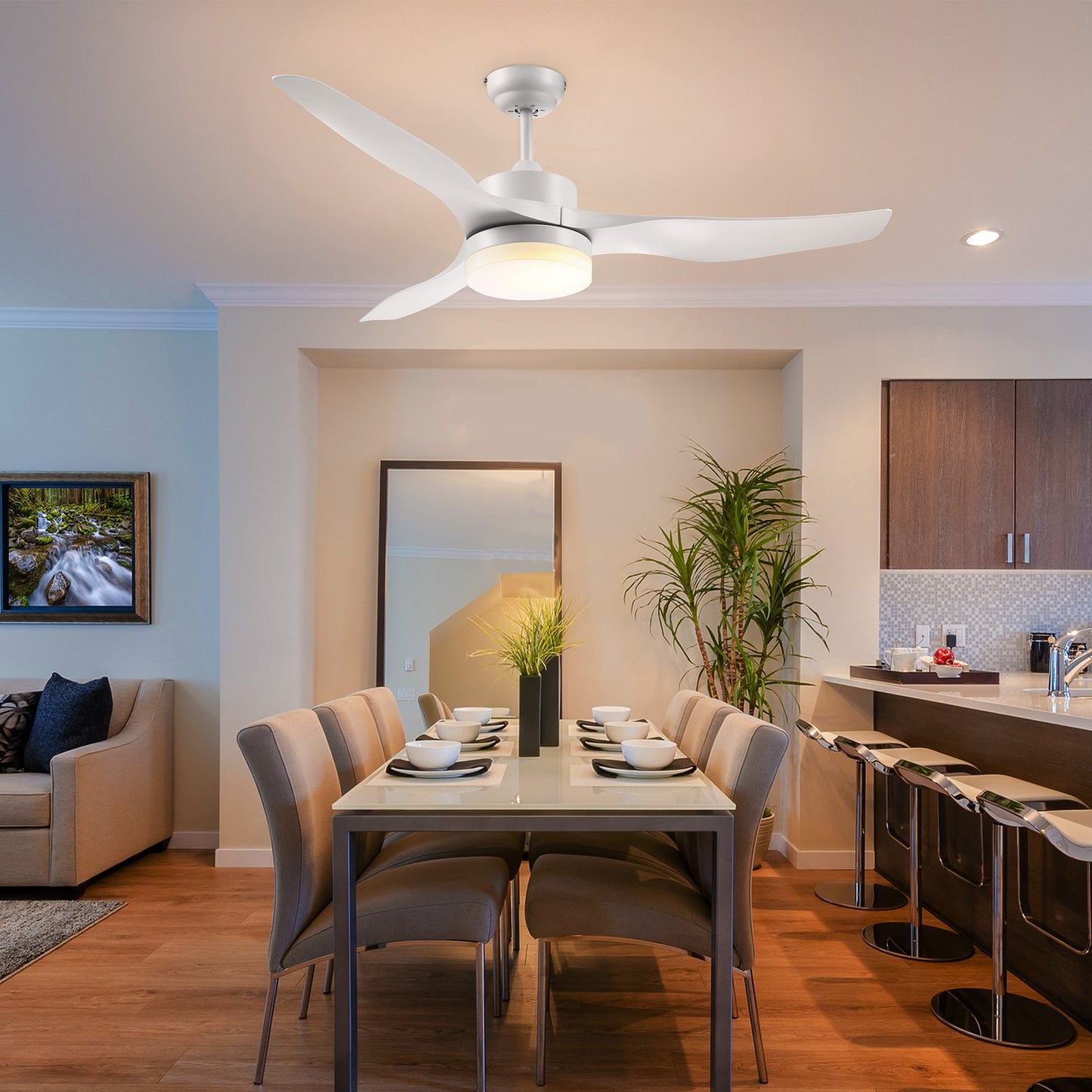 Ceiling fan with LED light and remote control, 6 speeds, white
