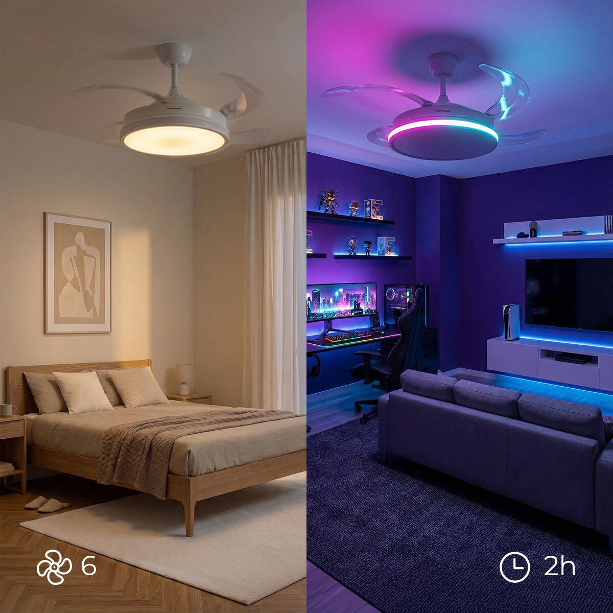 Ceiling Fan with RGB LED, Remote, Retractable Blades