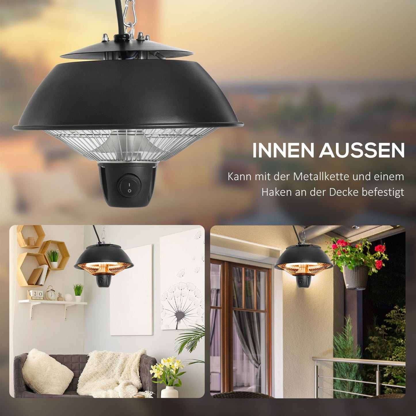 Electric ceiling heater 600W, black aluminium, patio use