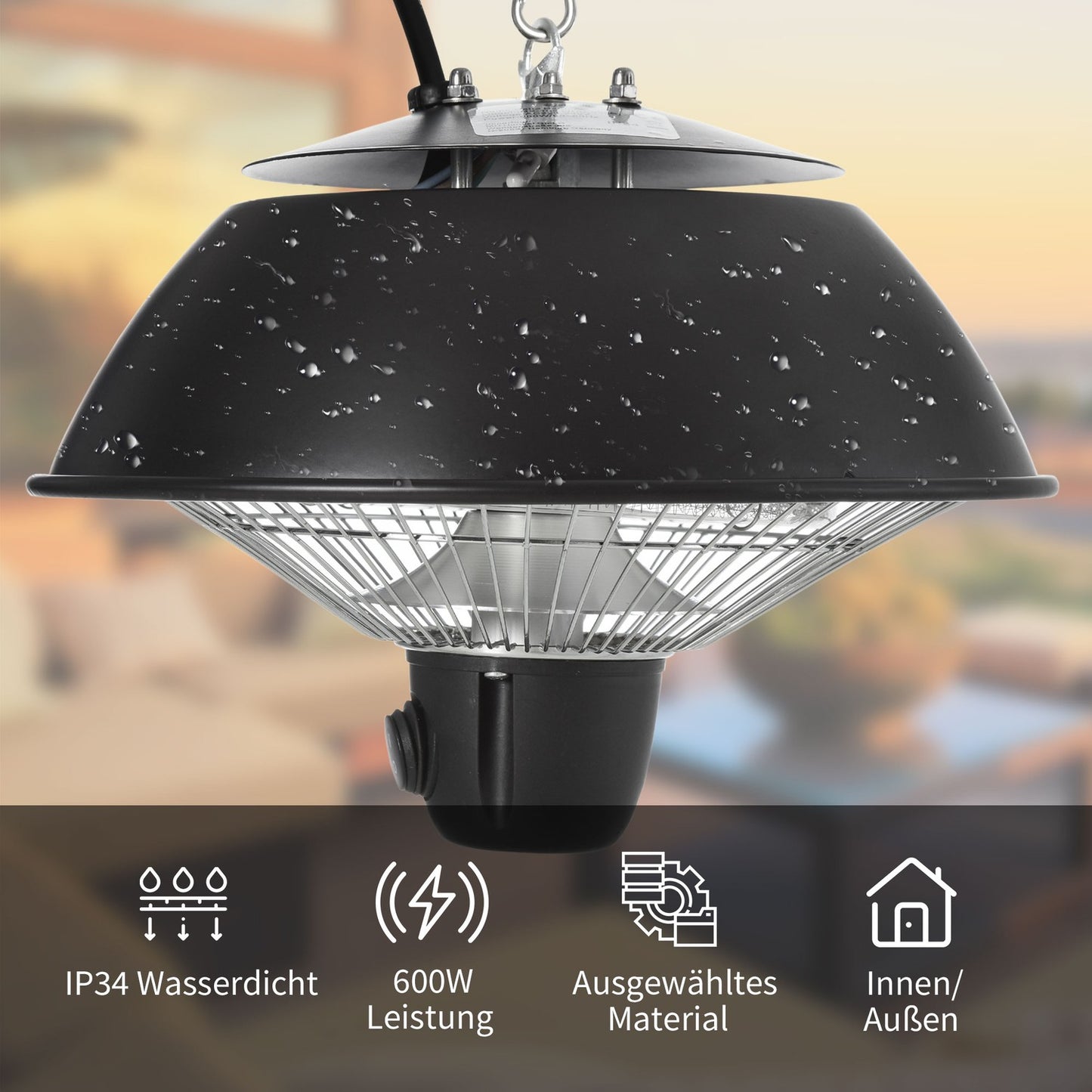 Electric ceiling heater 600W, black aluminium, patio use