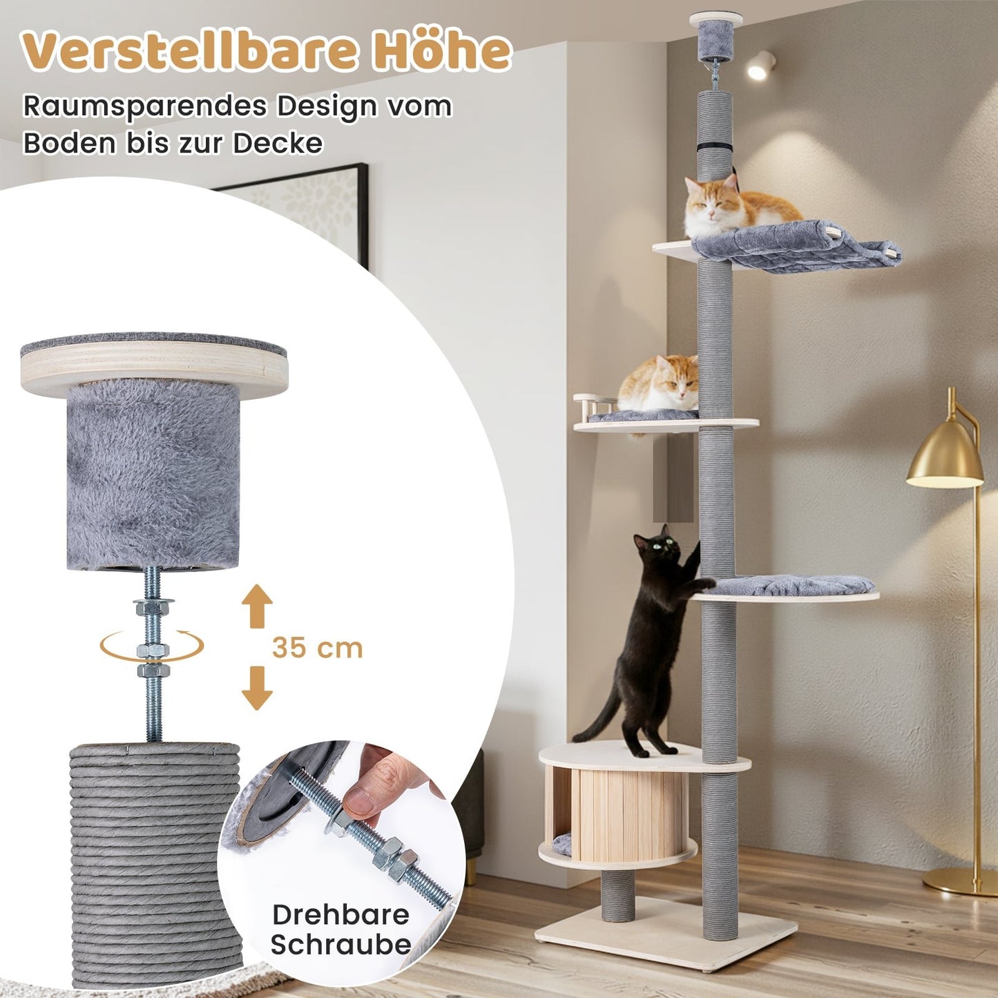 Ceiling-High Cat Tree with Hammock & Platforms, Adjustable