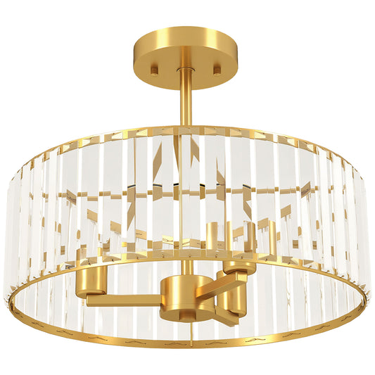 Ceiling Light, Crystal Shade, 3 Bulbs, Gold Metal