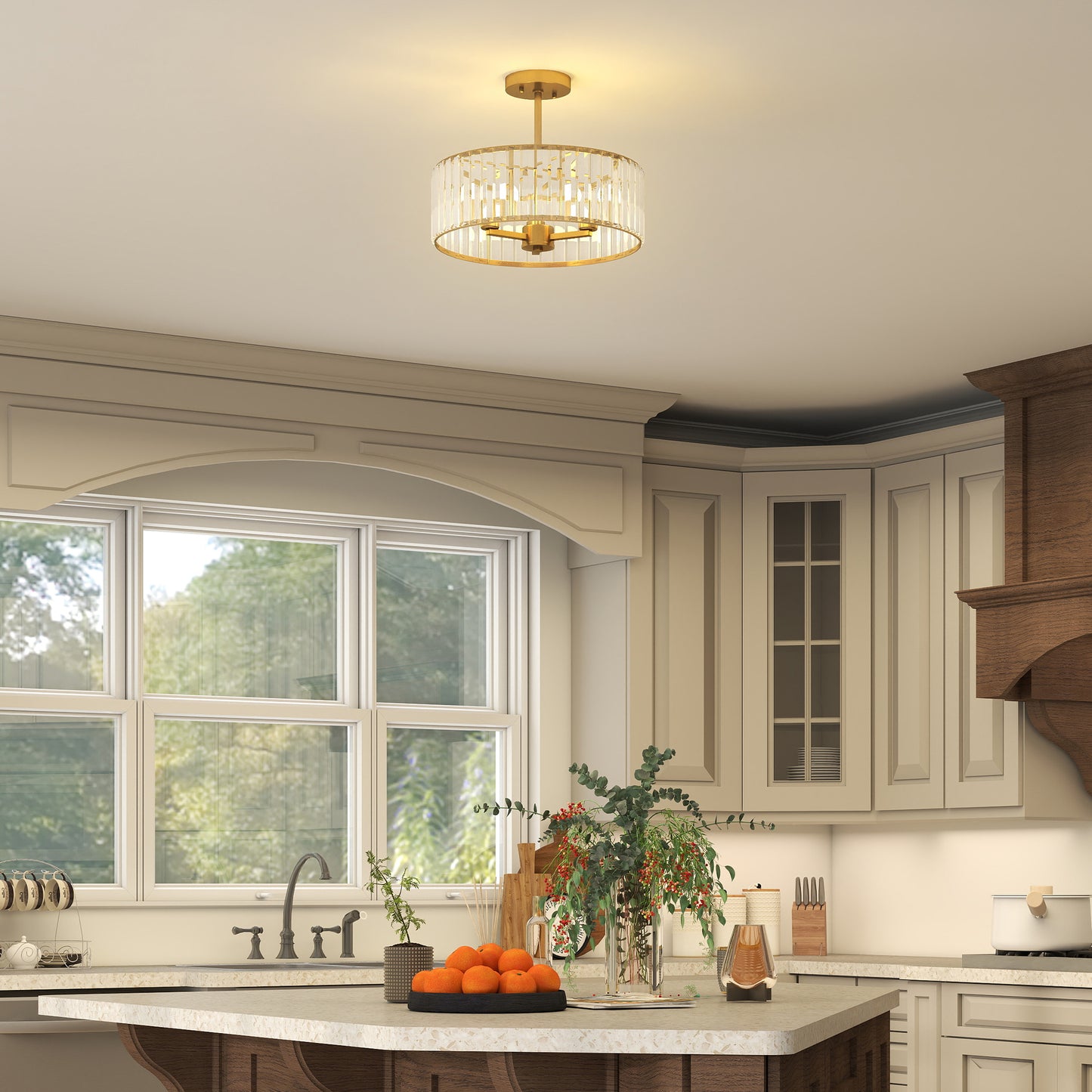 Ceiling Light, Crystal Shade, 3 Bulbs, Gold Metal