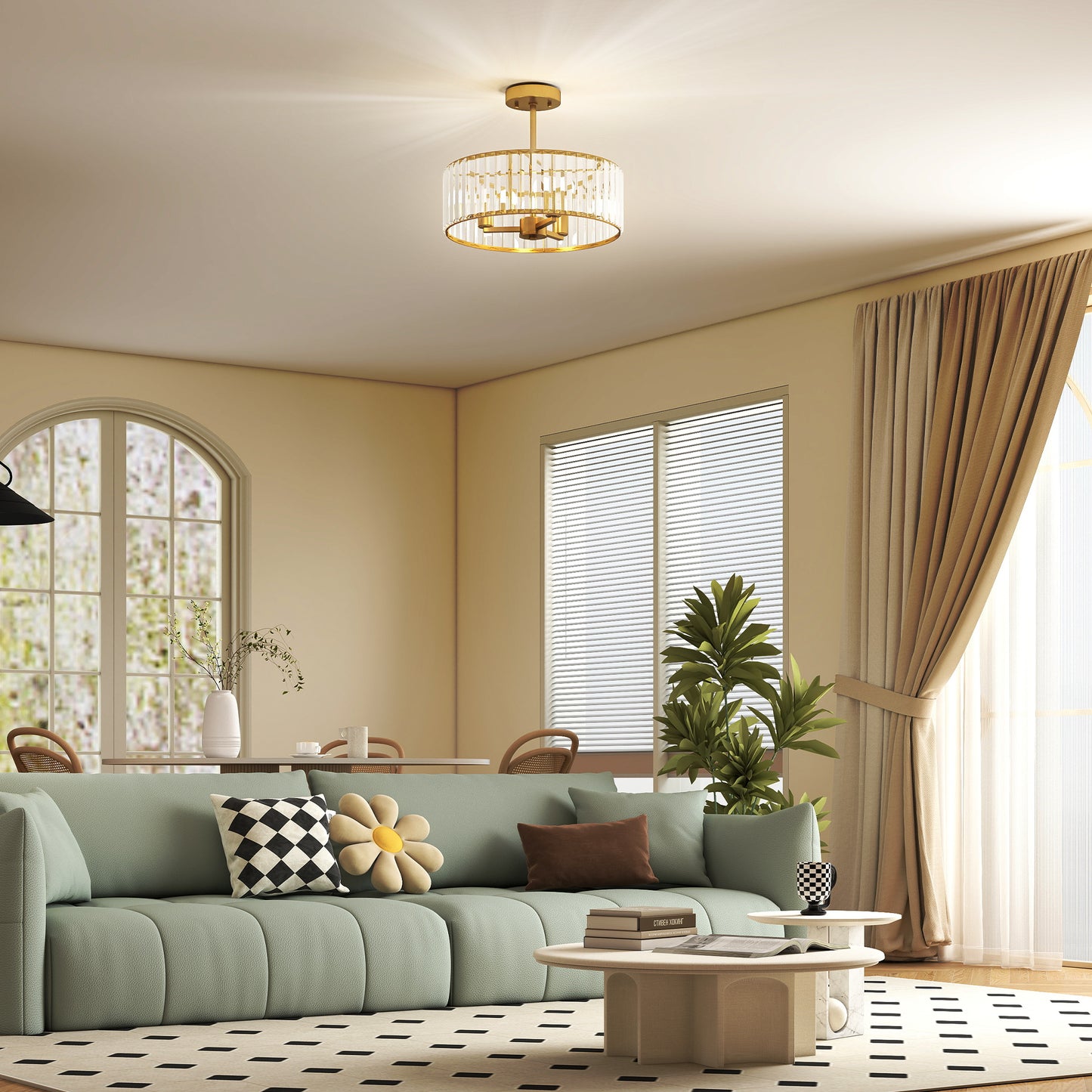 Ceiling Light, Crystal Shade, 3 Bulbs, Gold Metal