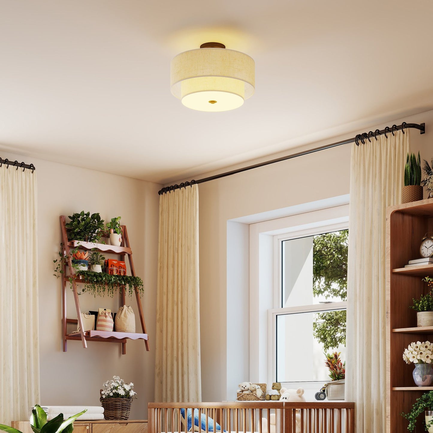 Ceiling Light with Double Linen Shades, Cream White