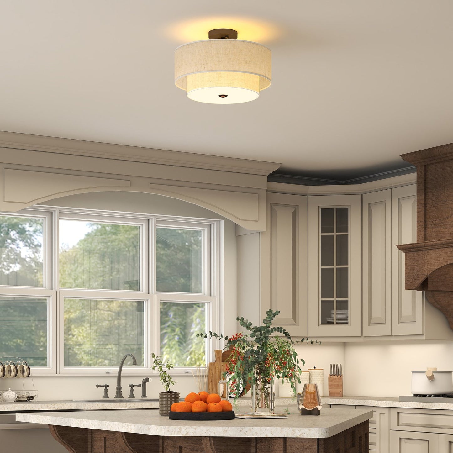 Ceiling Light with Double Linen Shades, Cream White