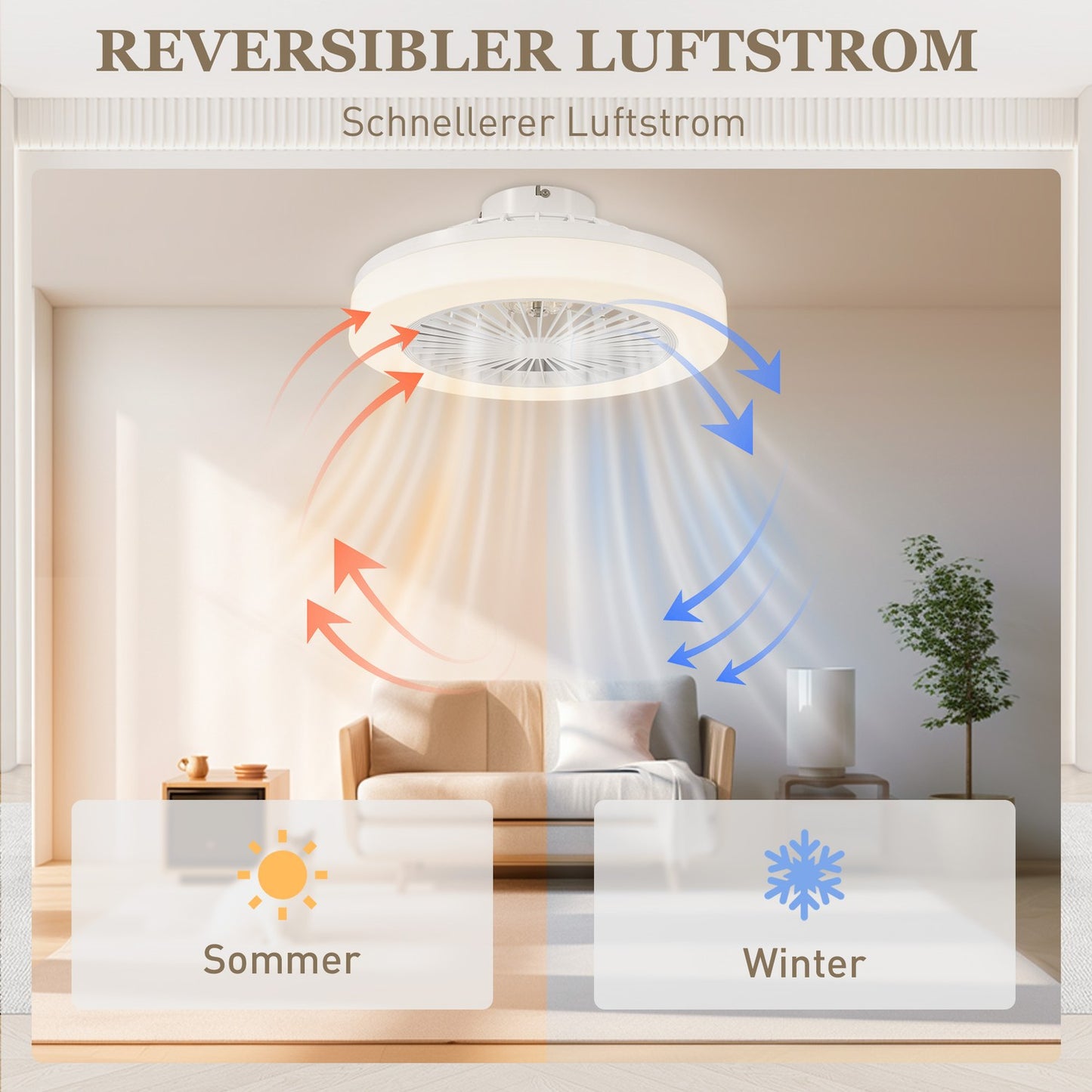 Ceiling fan with LED light, remote control, dimmable, 6 speeds